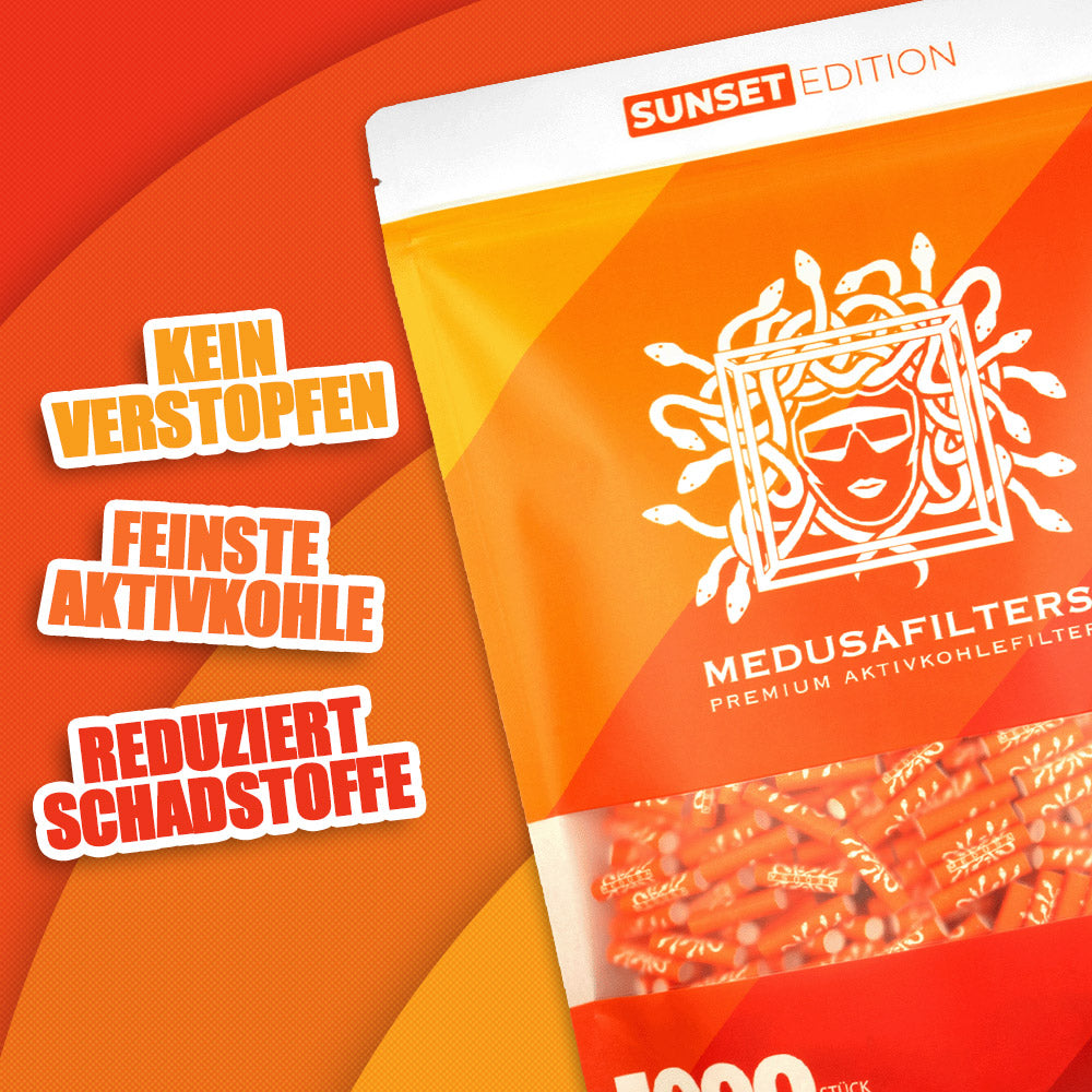 1000er Packung SUNSET Edition - Medusafilters, kein Verstopfen, feinste Aktivkohle, reduziert Schadstoffe