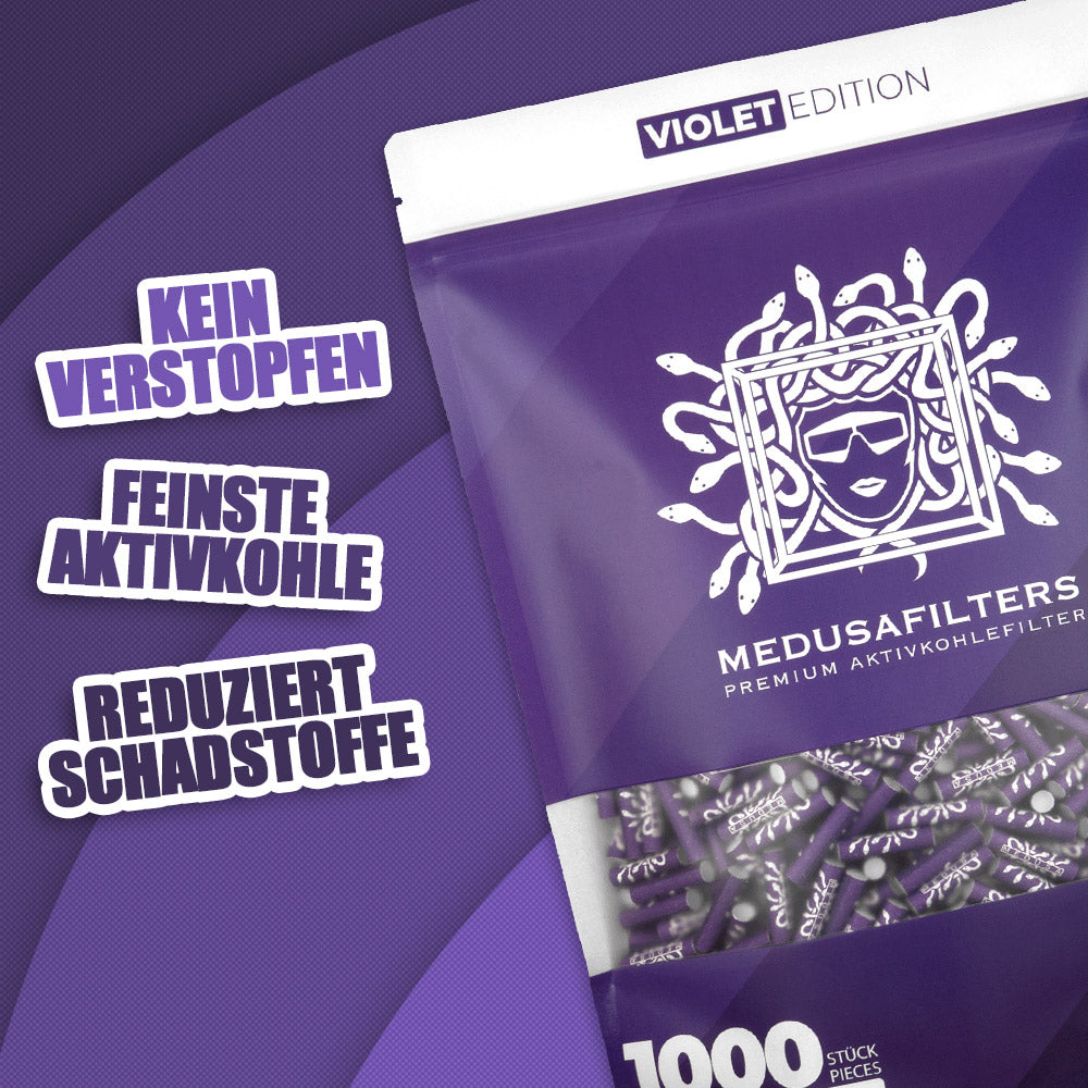 1000er Packung VIOLET Edition - Medusafilters, kein Verstopfen, feinste Aktivkohle, reduziert Schadstoffe