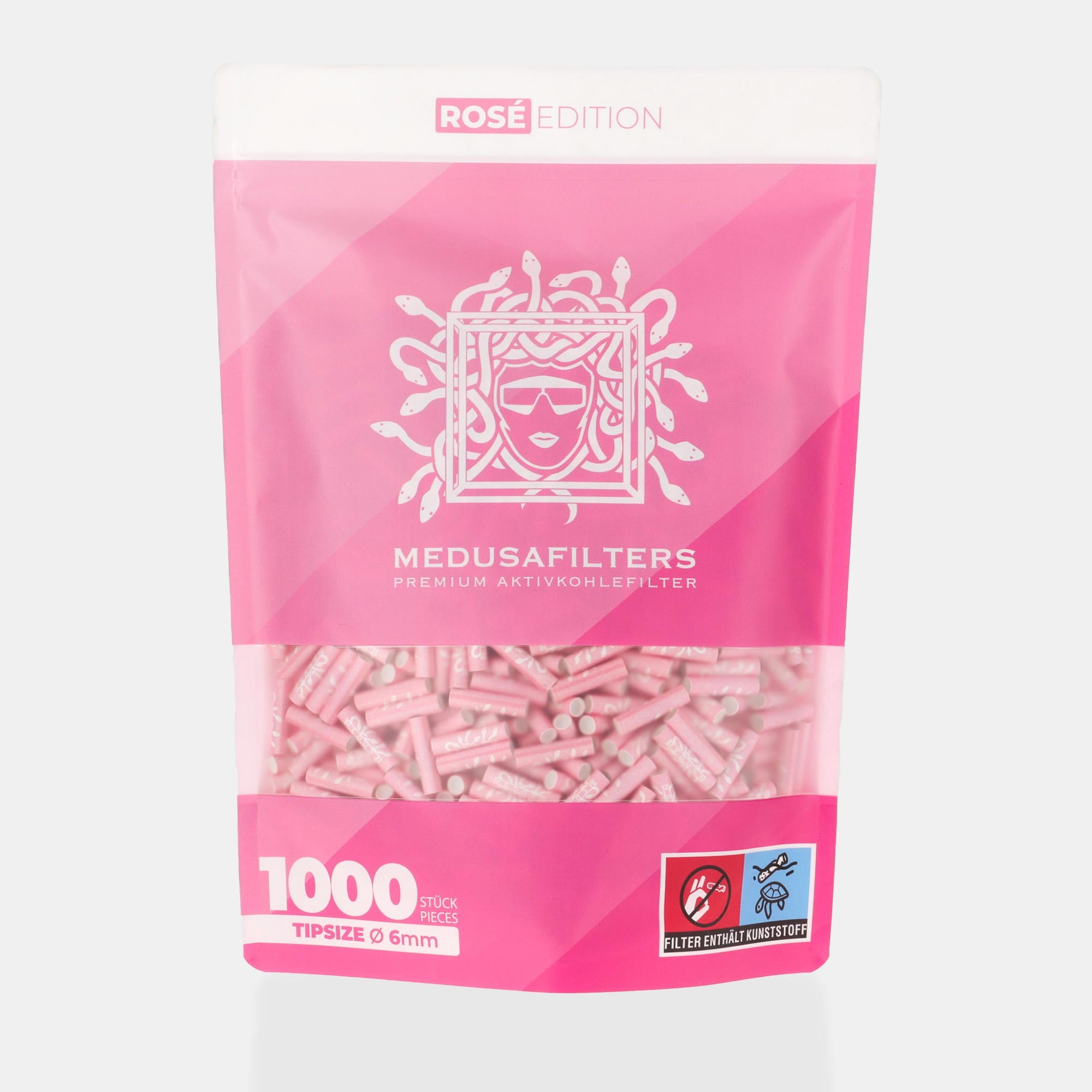 Medusafilters Premium Aktivkohlefilter mit Kokosnuss-Aktivkohle und veganen Fasercaps 1000er Packung ROSÉ Edition Tip Size 6 mm Frontansicht 
