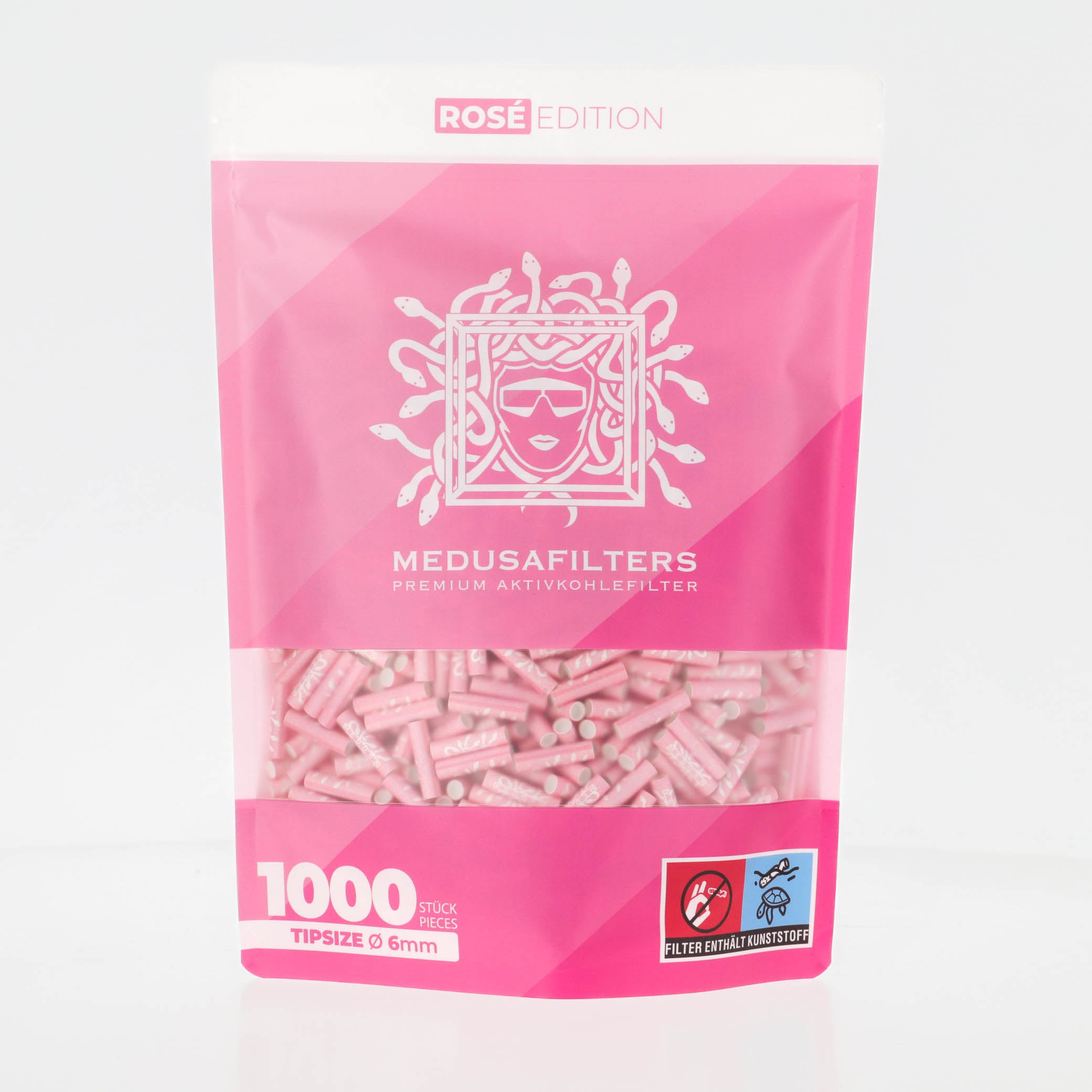 Medusafilters Premium Aktivkohlefilter mit Kokosnuss-Aktivkohle und veganen Fasercaps 1000er Packung ROSÉ Edition Tip Size 6 mm Frontansicht 
