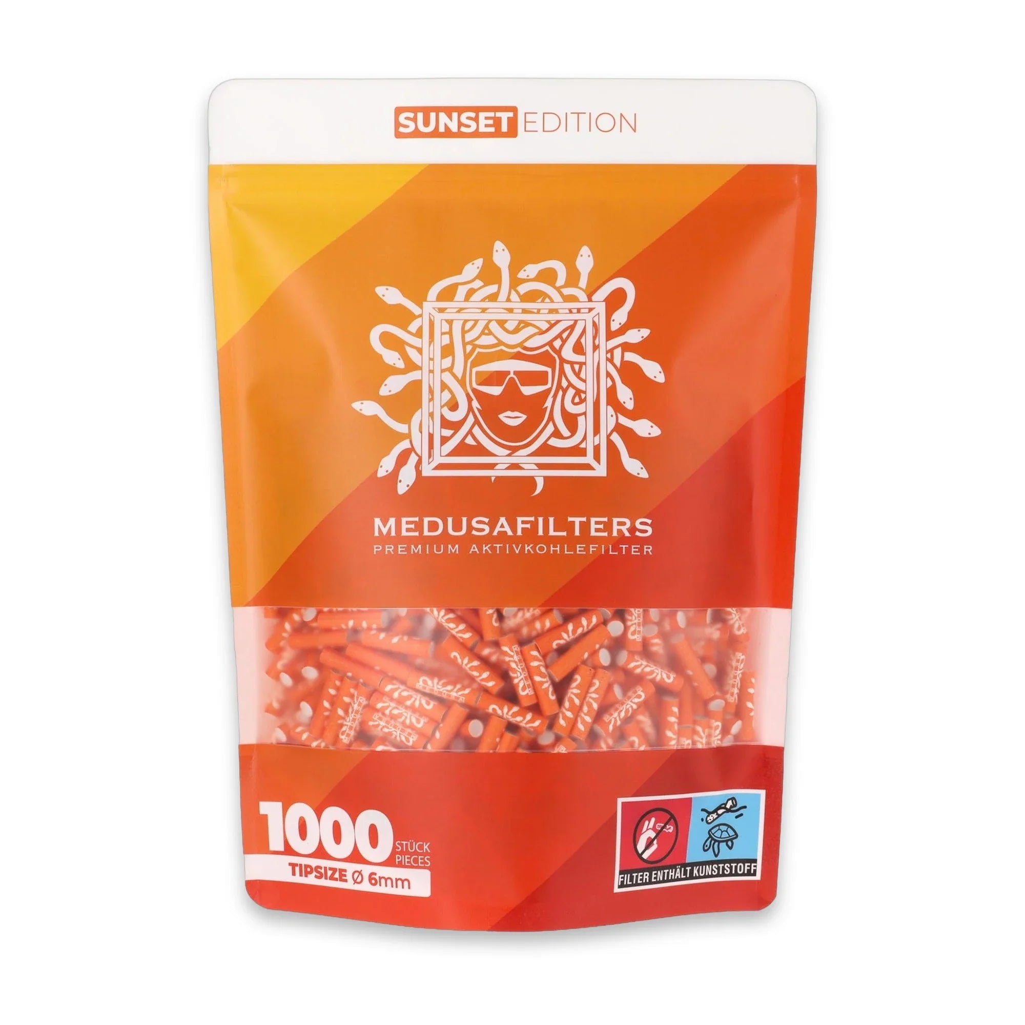 Medusafilters Aktivkohlefilter 1000er Packung SUNSET Edition – vegane 6 mm Tips mit Kokosnuss-Aktivkohle, Made in Germany