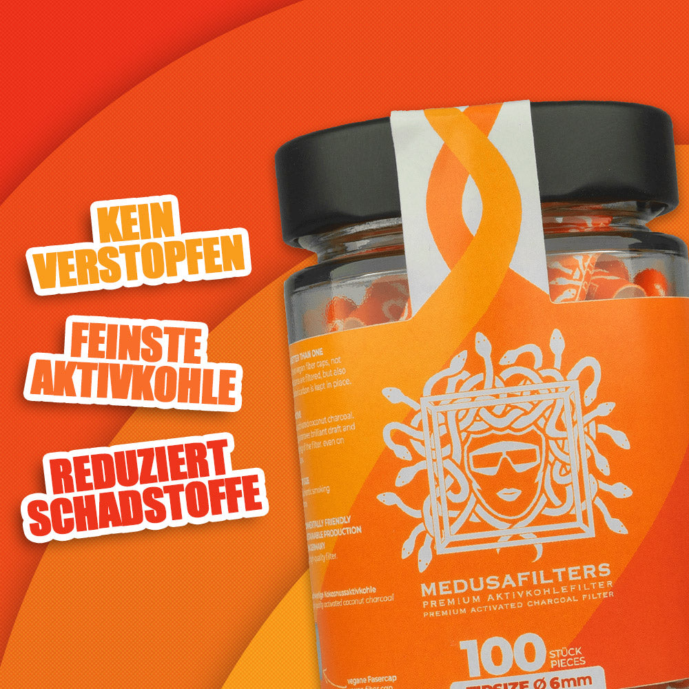 100er Glas SUNSET Edition - Medusafilters, kein Verstopfen, feinste Aktivkohle, reduziert Schadstoffe