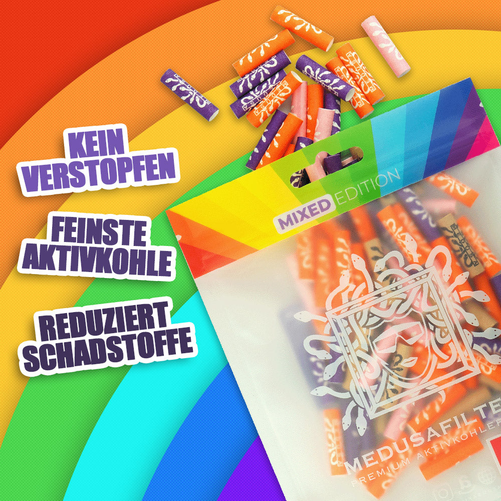 100er Packung MIXED Edition - Medusafilters, kein Verstopfen, feinste Aktivkohle, reduziert Schadstoffe