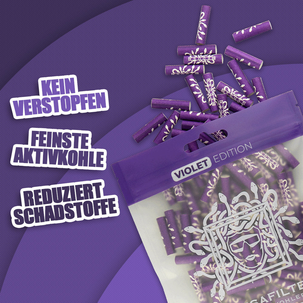 100er Packung VIOLET Edition - Medusafilters, kein Verstopfen, feinste Aktivkohle, reduziert Schadstoffe