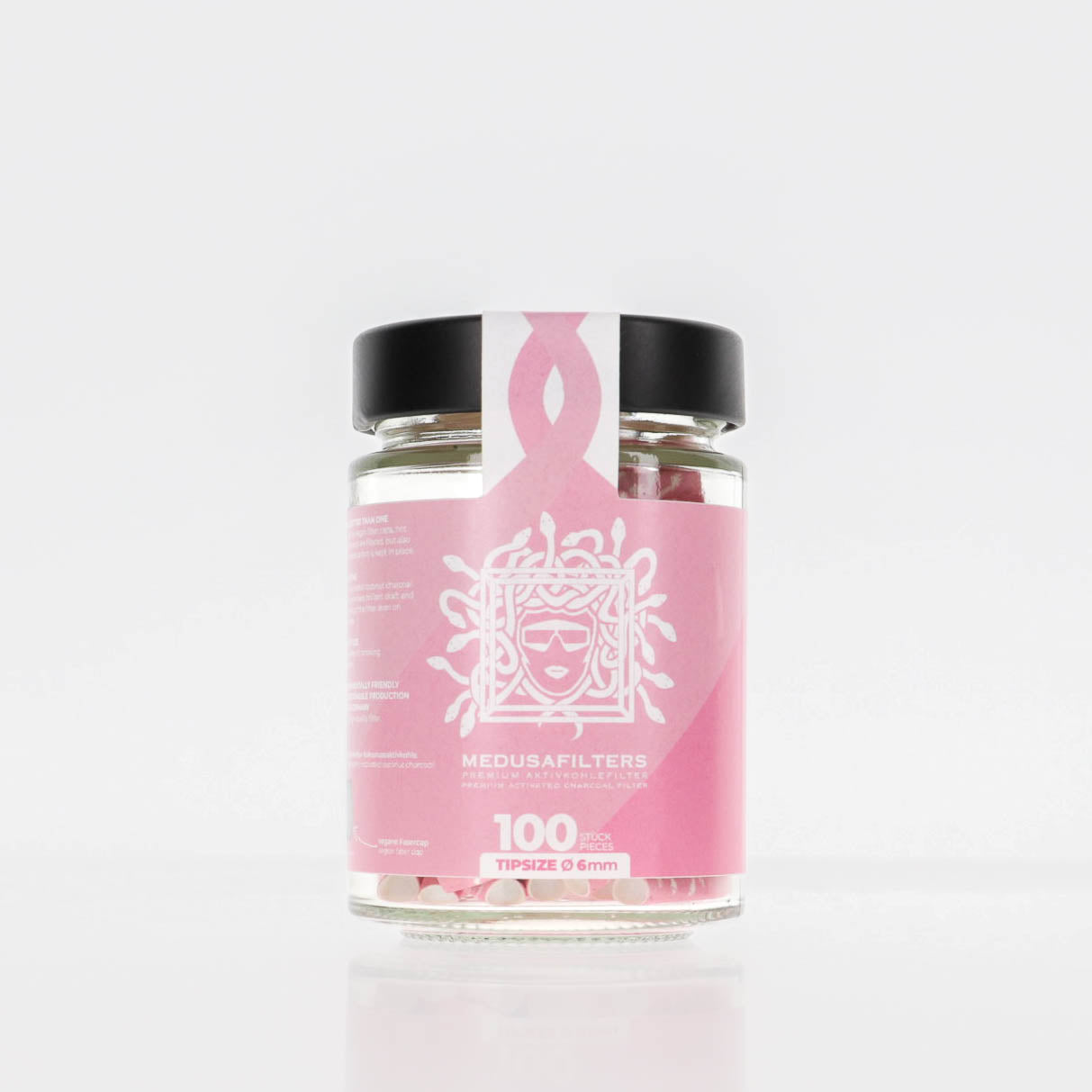 Medusafilters Premium Aktivkohlefilter mit Kokosnuss-Aktivkohle und veganen Fasercaps 100er Glas ROSÉ Edition Tip Size 6 mm Frontansicht 
