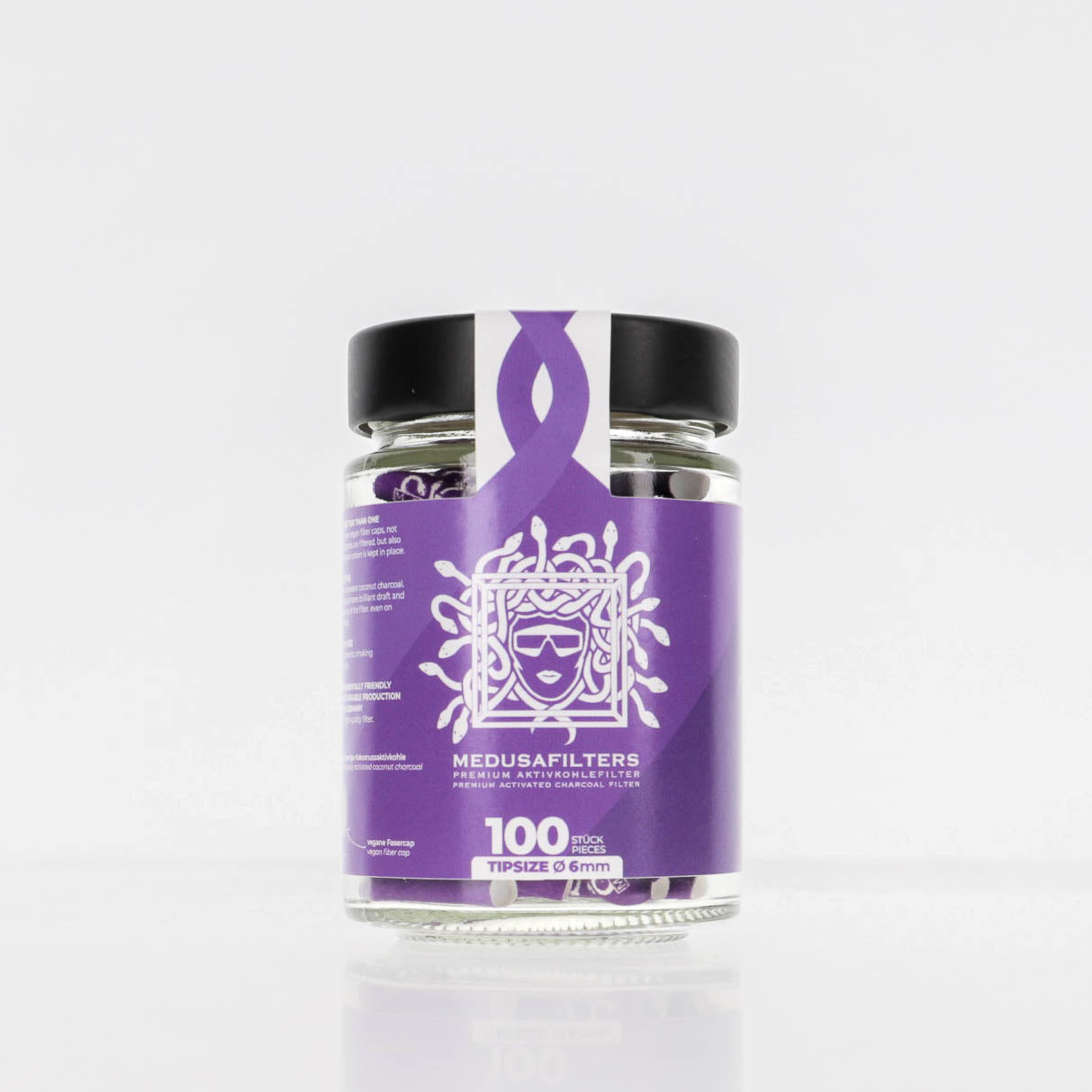 Medusafilters Premium Aktivkohlefilter mit Kokosnuss-Aktivkohle und veganen Fasercaps 100er Glas VIOLET Edition Tip Size 6 mm Frontansicht 
