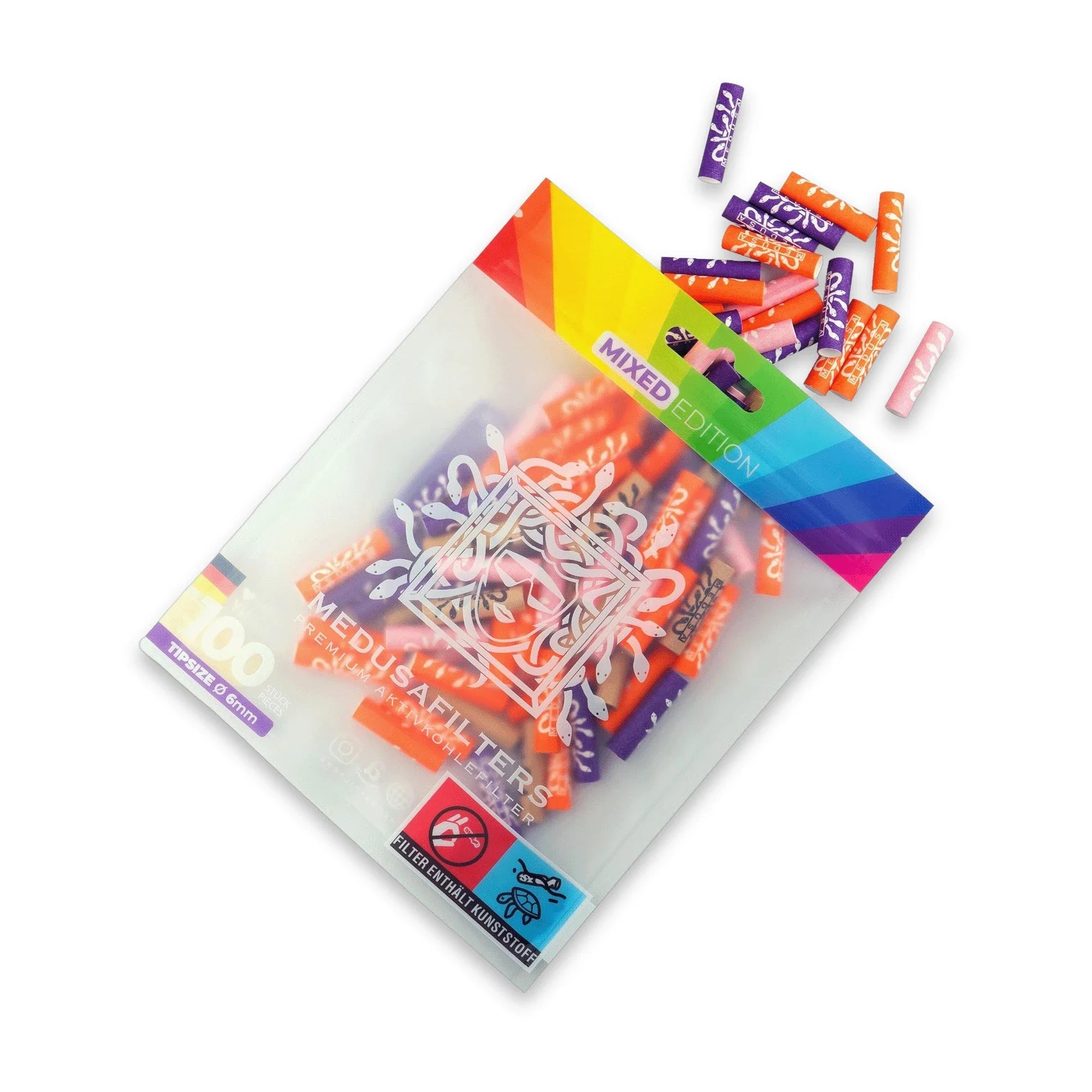 Medusafilters Aktivkohlefilter 100er Packung MIXED Edition – vegane 6 mm Tips mit Kokosnuss-Aktivkohle, Made in Germany