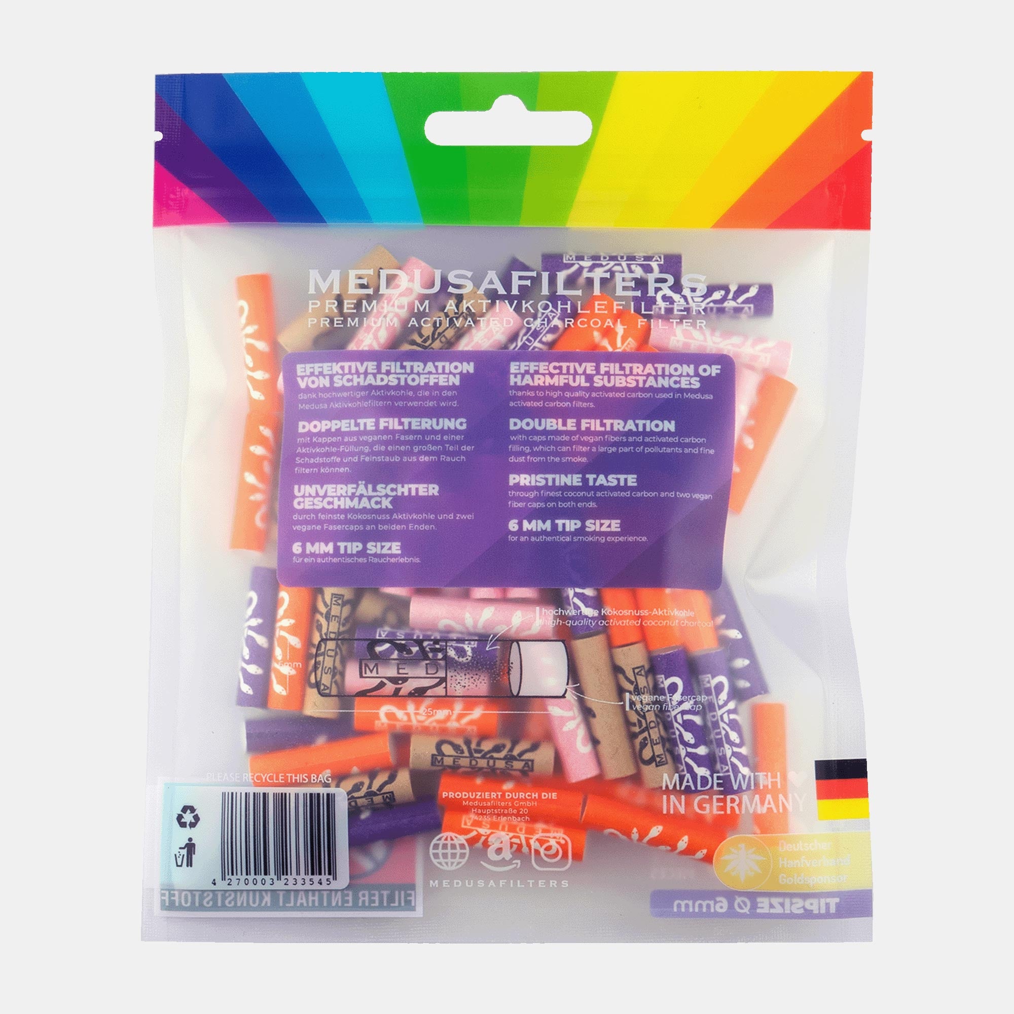 Medusafilters Premium Aktivkohlefilter mit Kokosnuss-Aktivkohle und veganen Fasercaps 100er Packung MIXED Edition Tip Size 6 mm Rückseite
