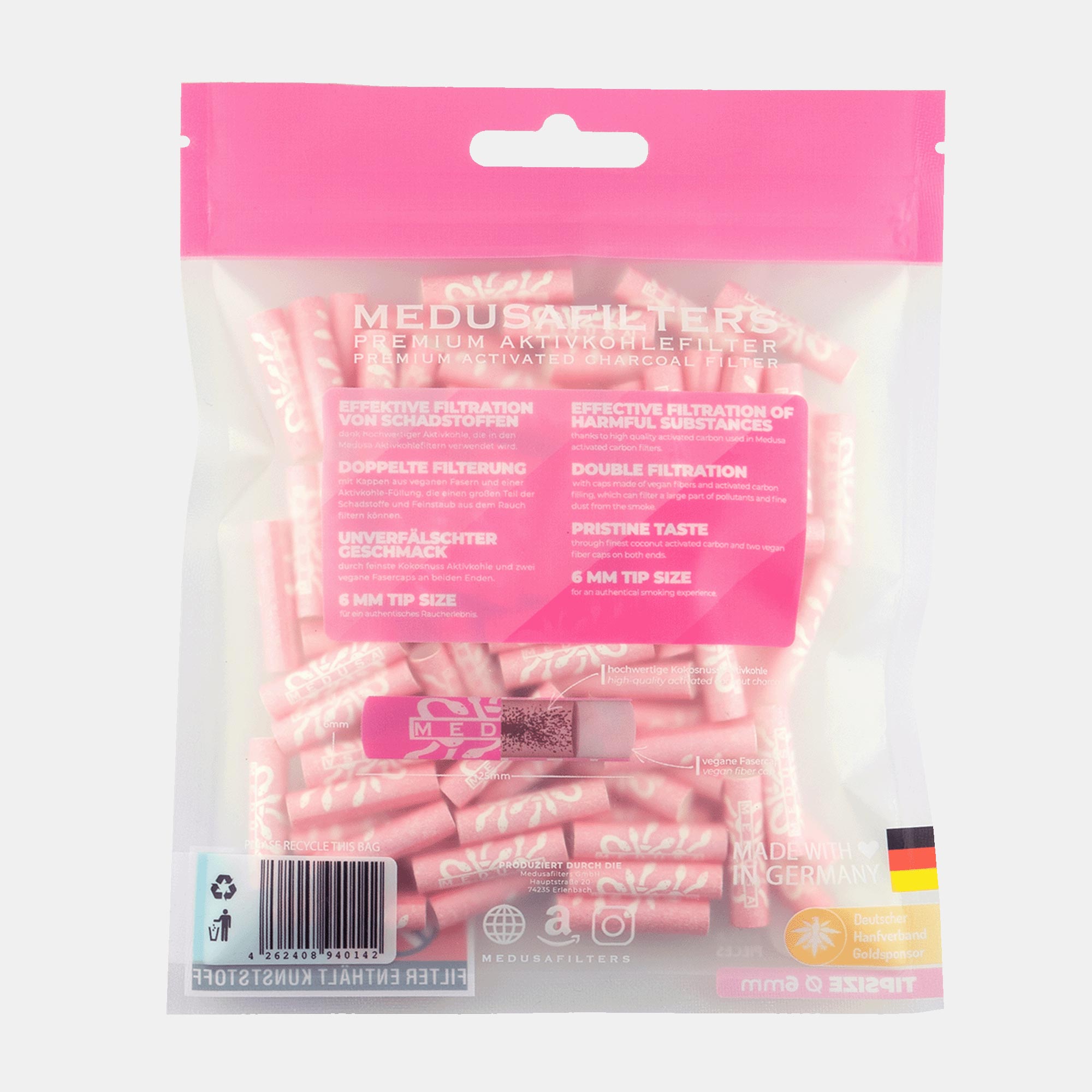 Medusafilters Premium Aktivkohlefilter mit Kokosnuss-Aktivkohle und veganen Fasercaps 100er Packung ROSÉ Edition Tip Size 6 mm Rückseite
