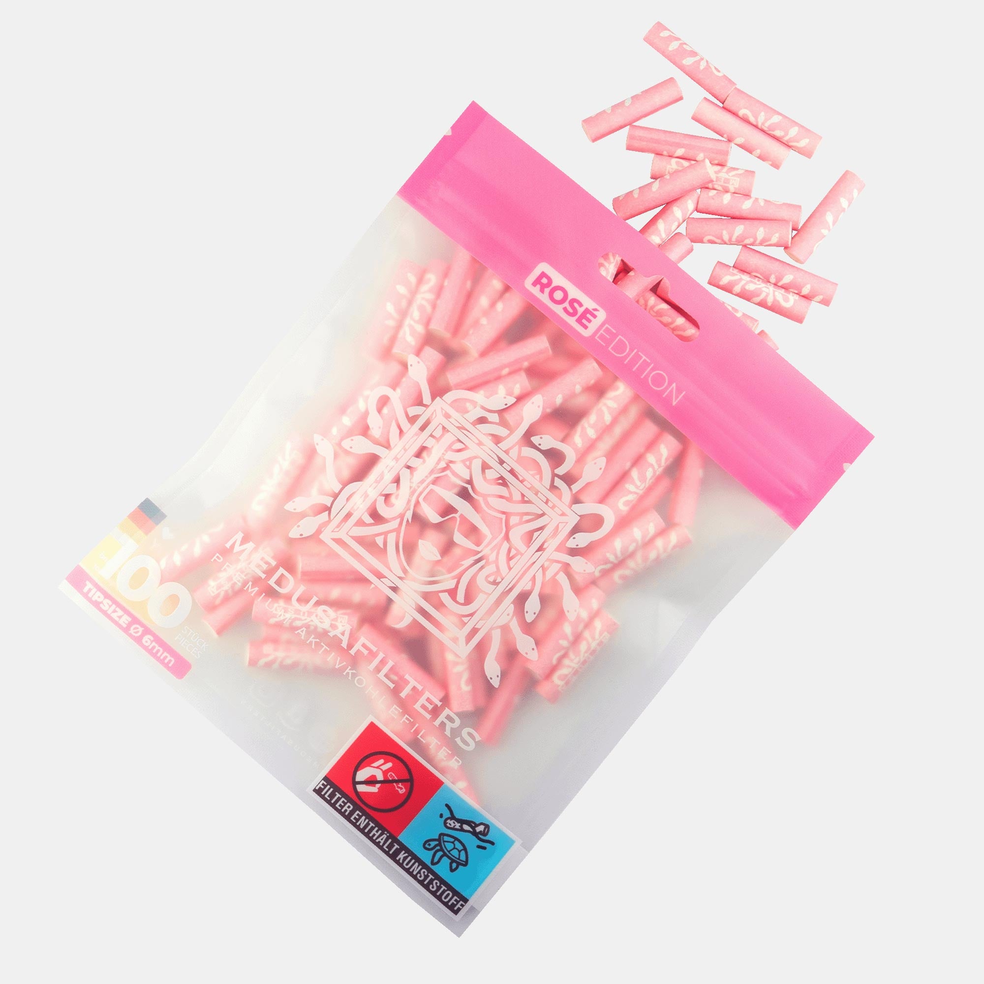 Medusafilters Premium Aktivkohlefilter mit Kokosnuss-Aktivkohle und veganen Fasercaps 100er Packung ROSÉ Edition Tip Size 6 mm Frontansicht 
