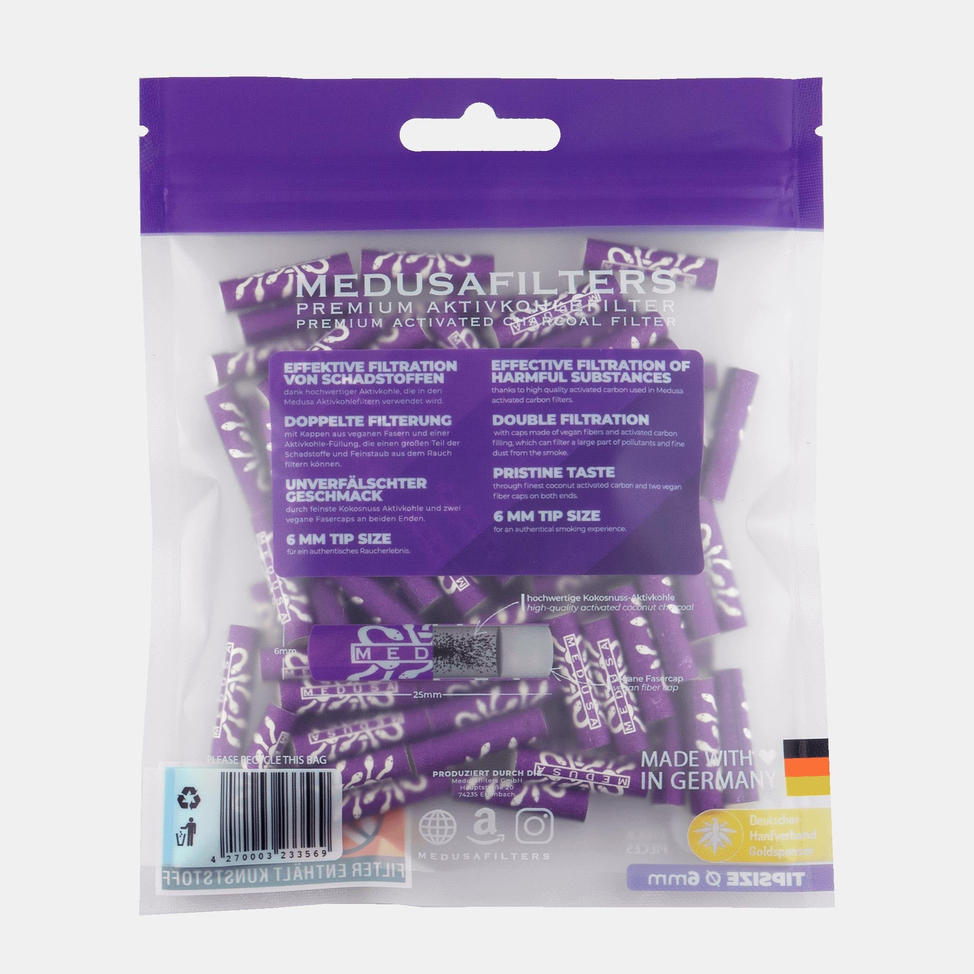 Medusafilters Premium Aktivkohlefilter mit Kokosnuss-Aktivkohle und veganen Fasercaps 100er Packung VIOLET Edition Tip Size 6 mm Frontansicht 
