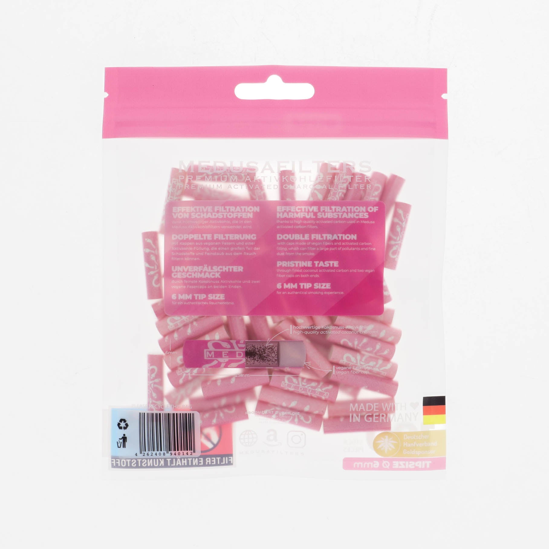 Medusafilters Premium Aktivkohlefilter mit Kokosnuss-Aktivkohle und veganen Fasercaps 100er Packung ROSÉ Edition Tip Size 6 mm von hinten 
