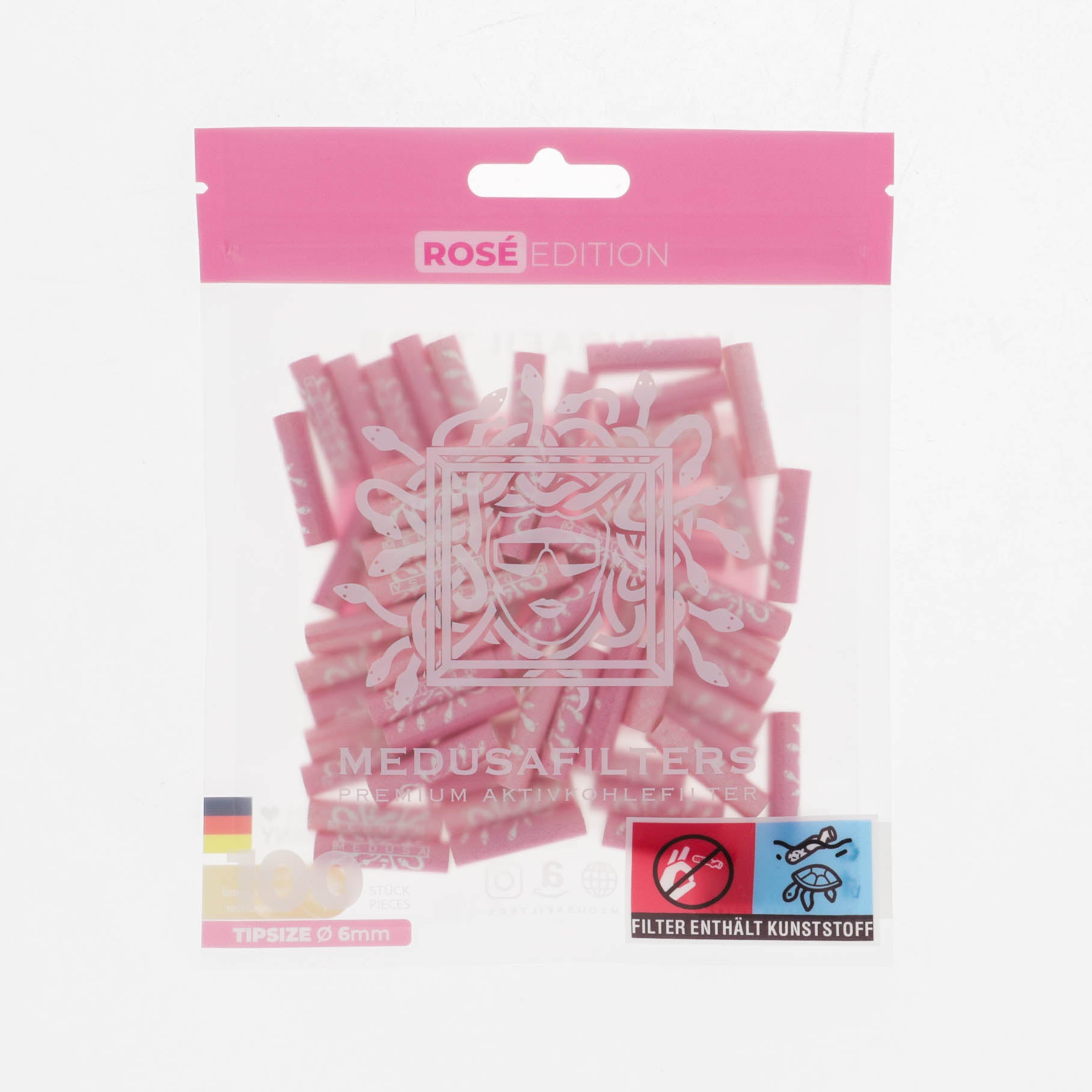 Medusafilters Premium Aktivkohlefilter mit Kokosnuss-Aktivkohle und veganen Fasercaps 100er Packung ROSÉ Edition Tip Size 6 mm Frontansicht 
