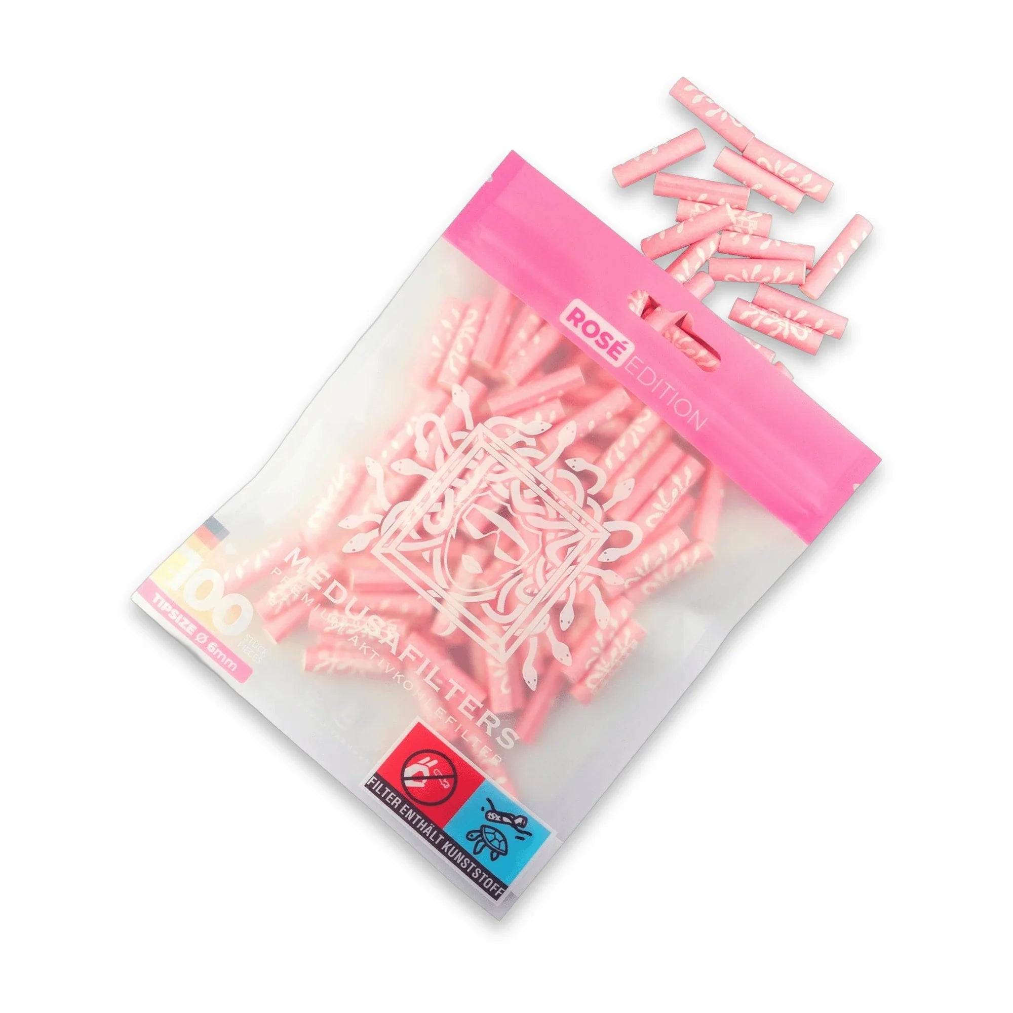Medusafilters Aktivkohlefilter 100er Packung ROSÉ Edition – vegane 6 mm Tips mit Kokosnuss-Aktivkohle, Made in Germany