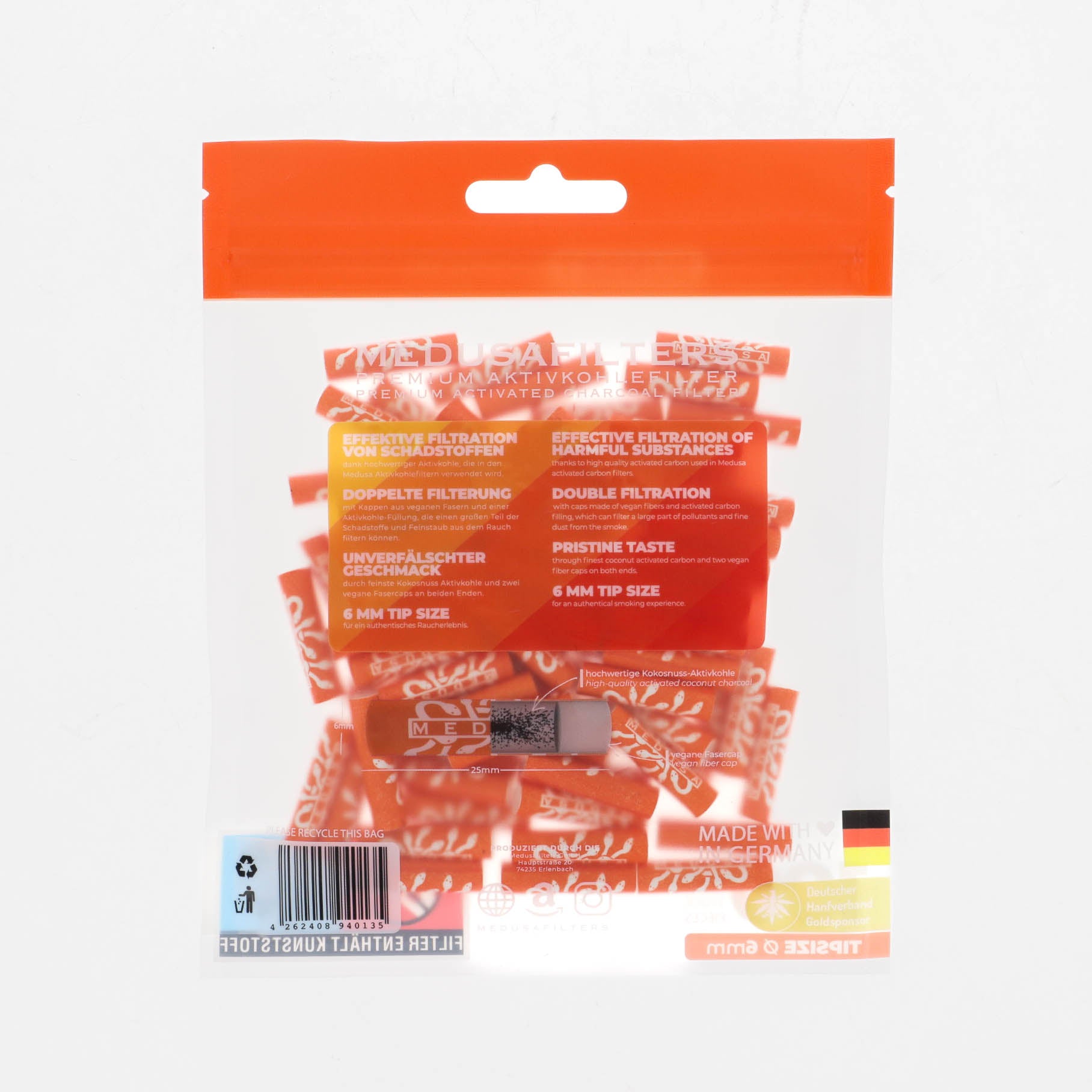 Medusafilters Premium Aktivkohlefilter mit Kokosnuss-Aktivkohle und veganen Fasercaps 100er Packung SUNSET Edition Tip Size 6 mm von hinten 
