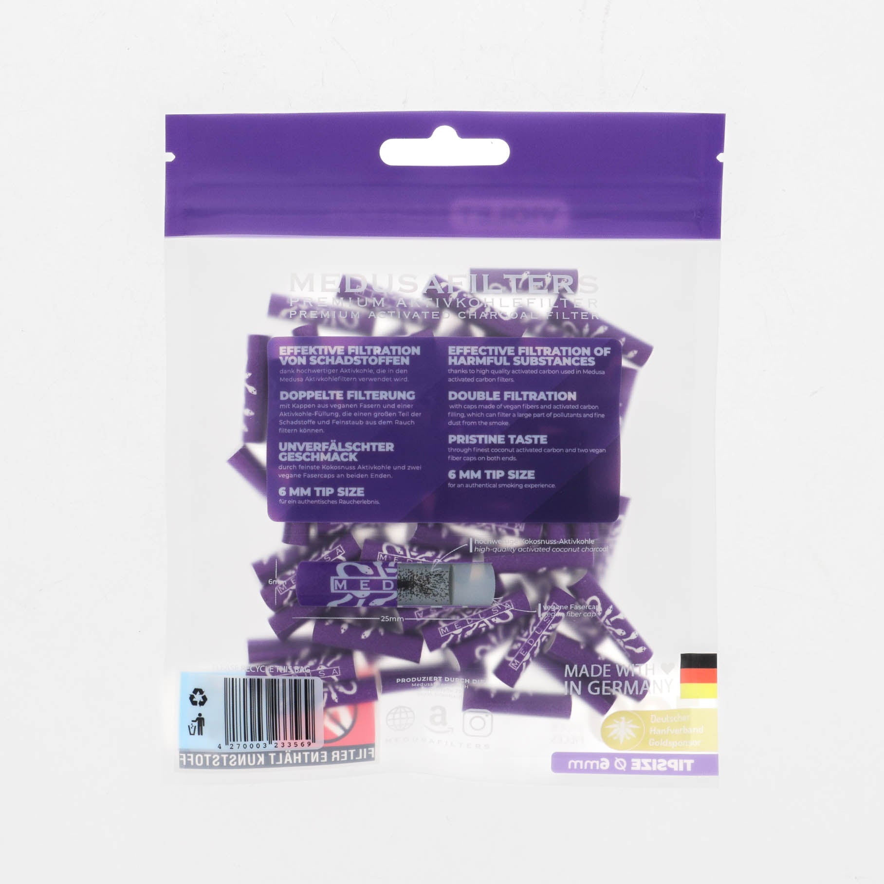 Medusafilters Premium Aktivkohlefilter mit Kokosnuss-Aktivkohle und veganen Fasercaps 100er Packung VIOLET Edition Tip Size 6 mm von hinten 
