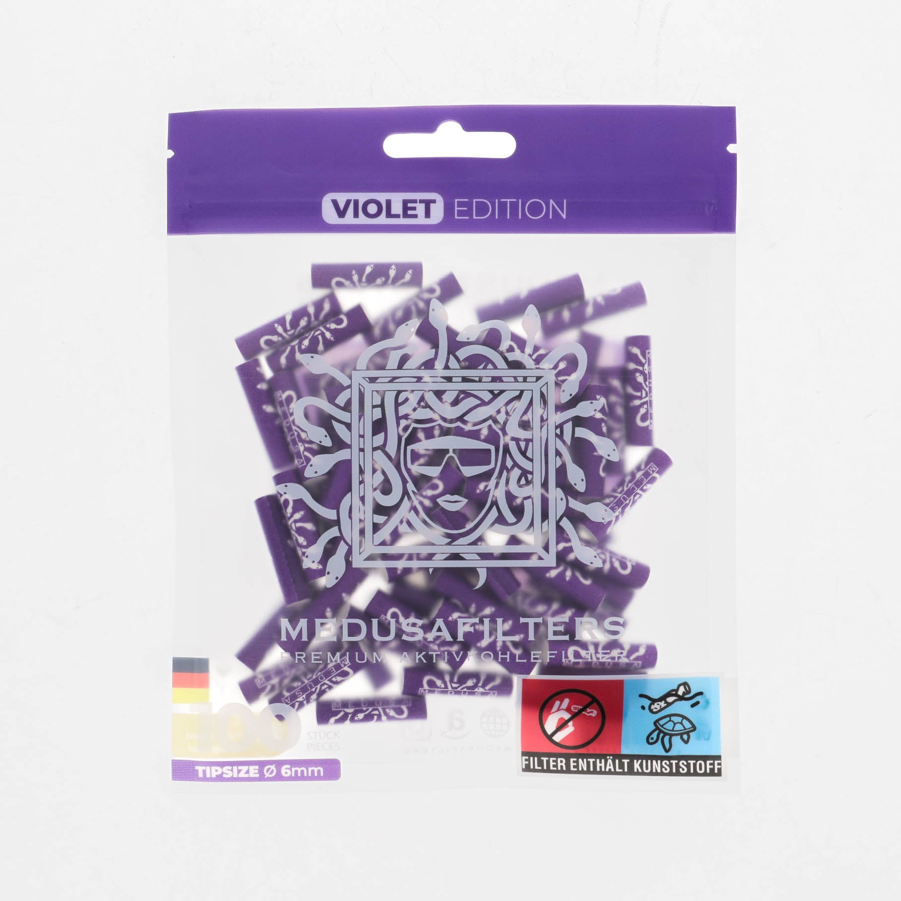 Medusafilters Premium Aktivkohlefilter mit Kokosnuss-Aktivkohle und veganen Fasercaps 100er Packung VIOLET Edition Tip Size 6 mm Frontansicht 
