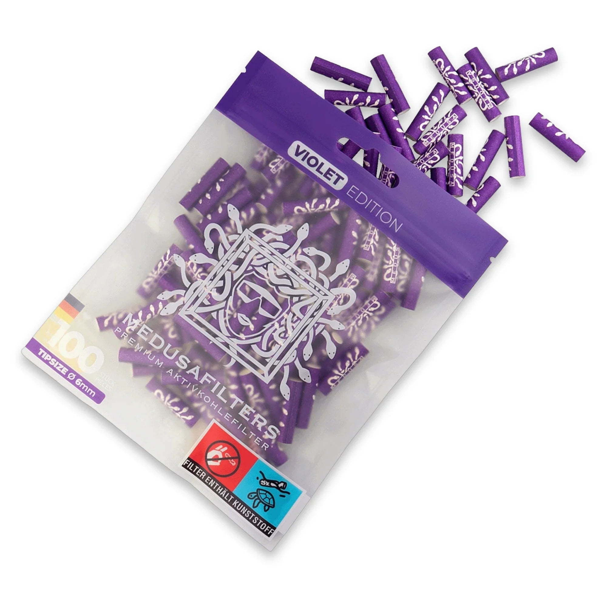 Medusafilters Aktivkohlefilter 100er Packung VIOLET Edition – vegane 6 mm Tips mit Kokosnuss-Aktivkohle, Made in Germany