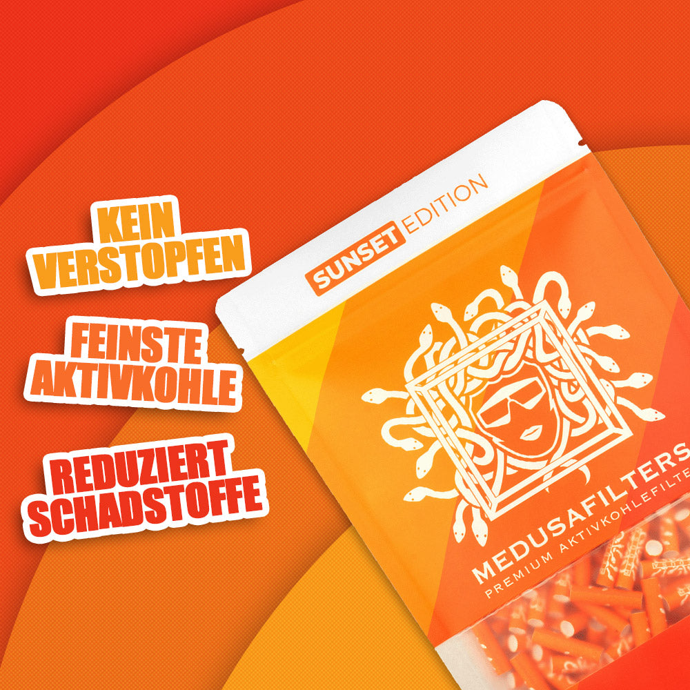 100er Packung SUNSET Edition - Medusafilters, kein Verstopfen, feinste Aktivkohle, reduziert Schadstoffe