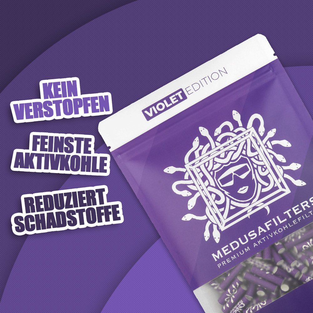 100er Packung VIOLET Edition - Medusafilters, kein Verstopfen, feinste Aktivkohle, reduziert Schadstoffe