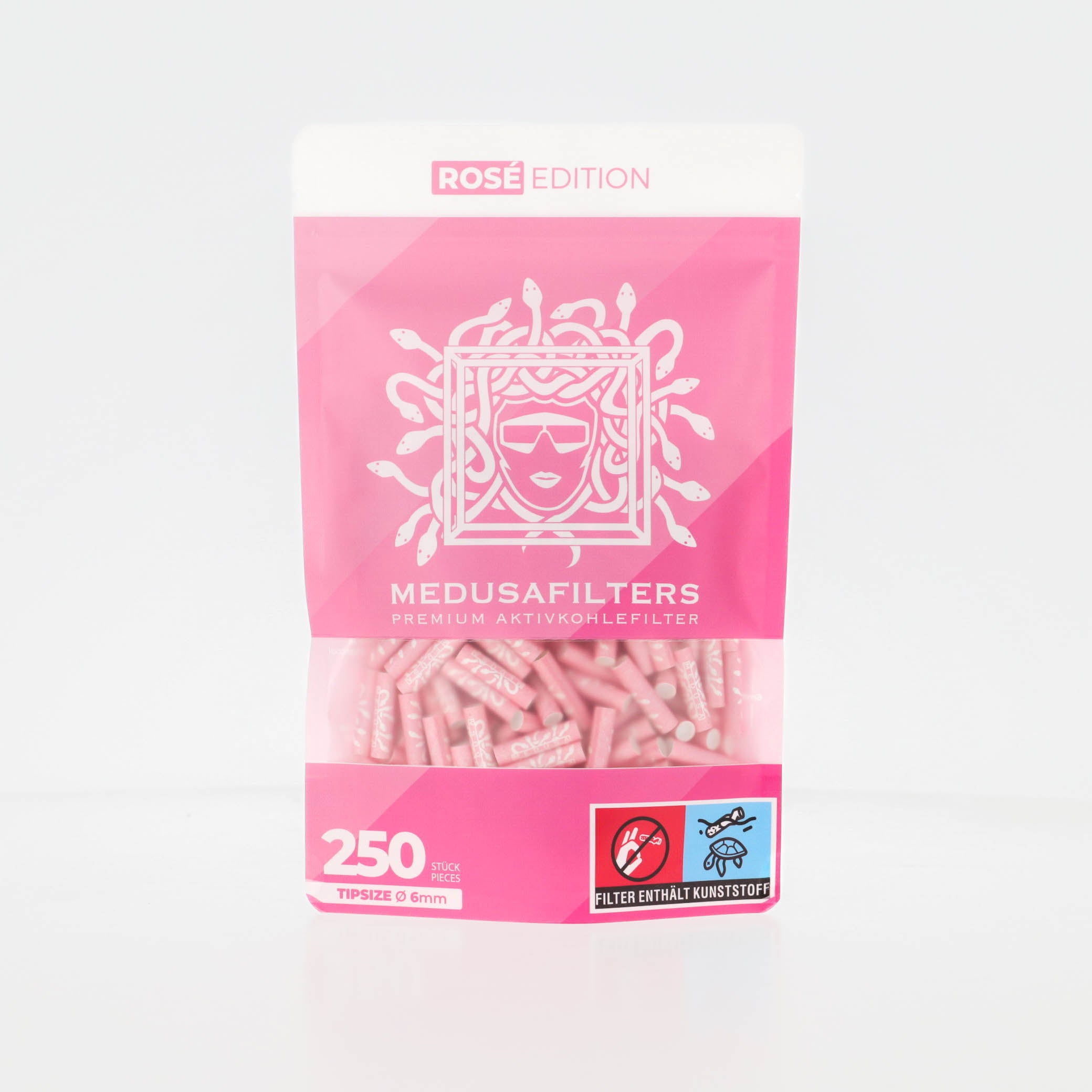 Medusafilters Premium Aktivkohlefilter mit Kokosnuss-Aktivkohle und veganen Fasercaps 250er Packung ROSÉ Edition Tip Size 6 mm Frontansicht 
