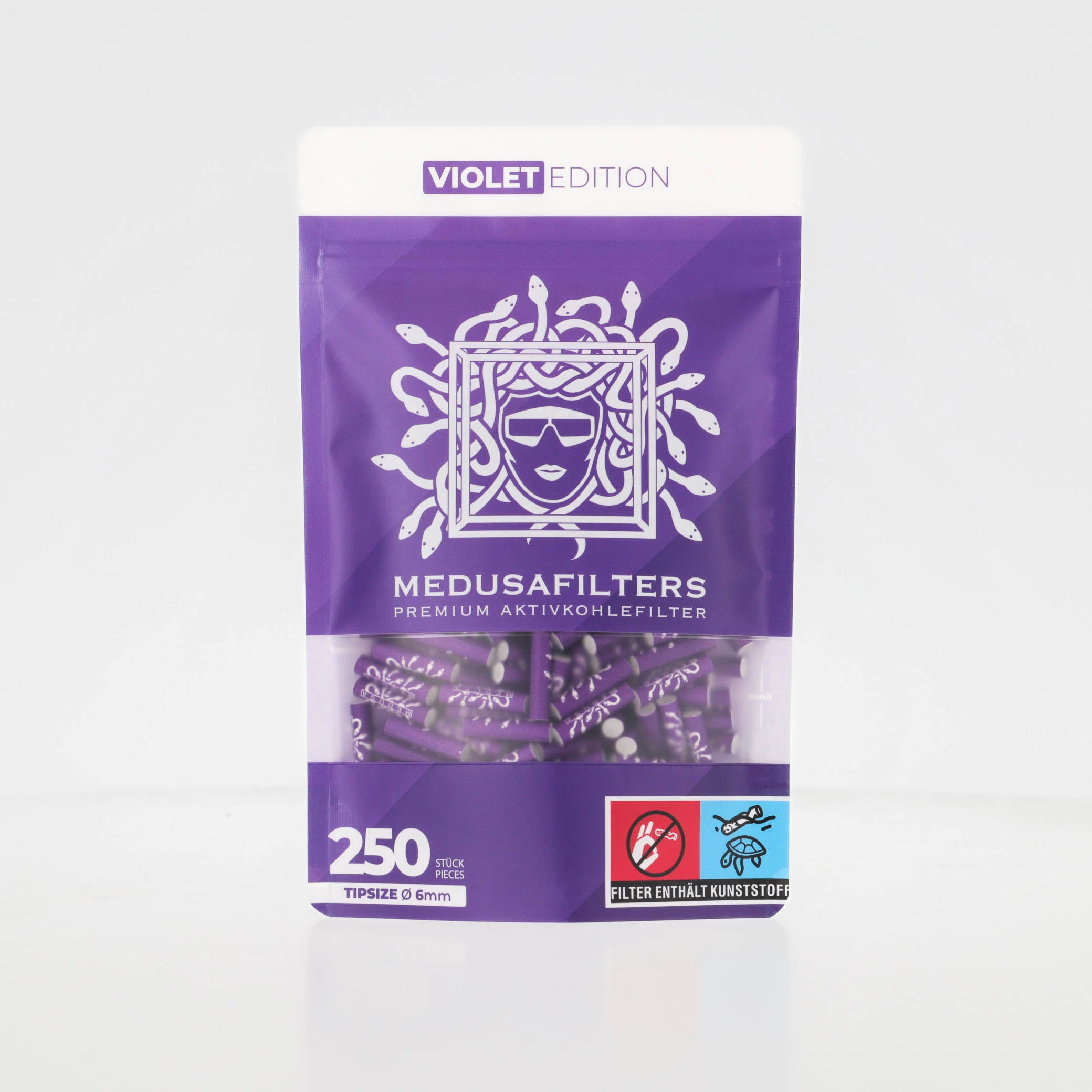 Medusafilters Premium Aktivkohlefilter mit Kokosnuss-Aktivkohle und veganen Fasercaps 250er Packung VIOLET Edition Tip Size 6 mm Frontansicht 
