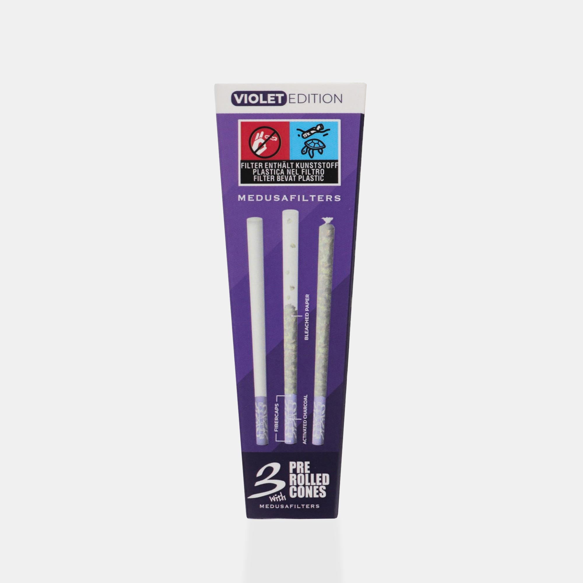 Medusafilters 3 Pre Rolled Cones mit BLEACHED Longpapers King Size Slim und Premium Kokosnuss-Aktivkohlefilter VIOLET Edition Tip Size 6 mm Rückseite