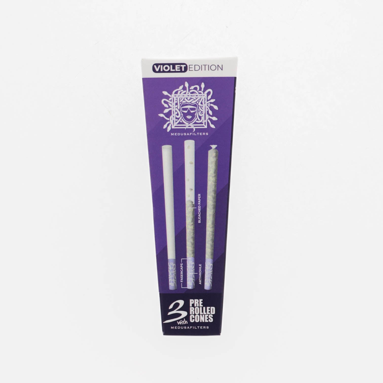 Medusafilters 3 Pre Rolled Cones mit BLEACHED Longpapers King Size Slim und Premium Kokosnuss-Aktivkohlefilter VIOLET Edition Tip Size 6 mm Frontansicht