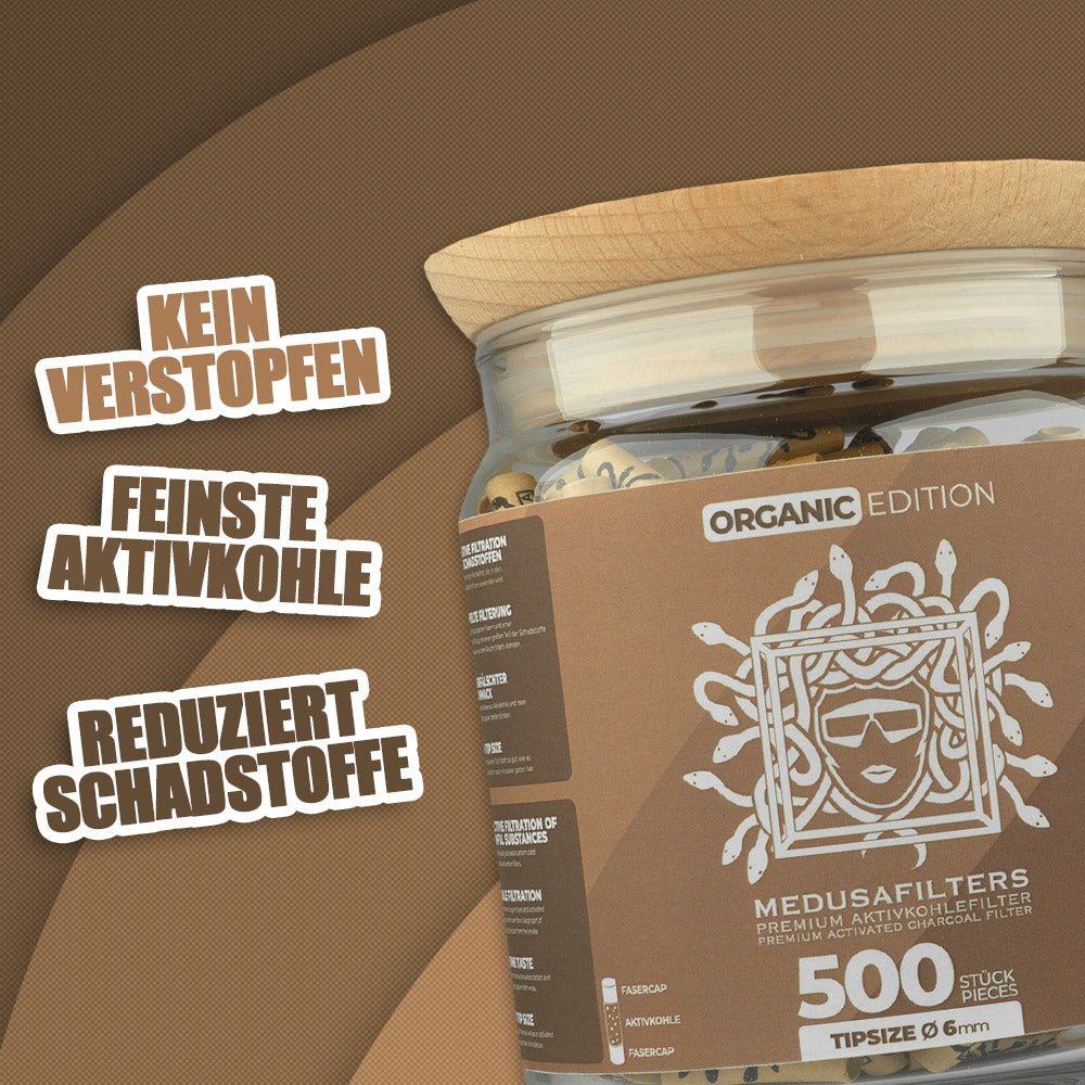 500er Glas ORGANIC Edition - Medusafilters, kein Verstopfen, feinste Aktivkohle, reduziert Schadstoffe