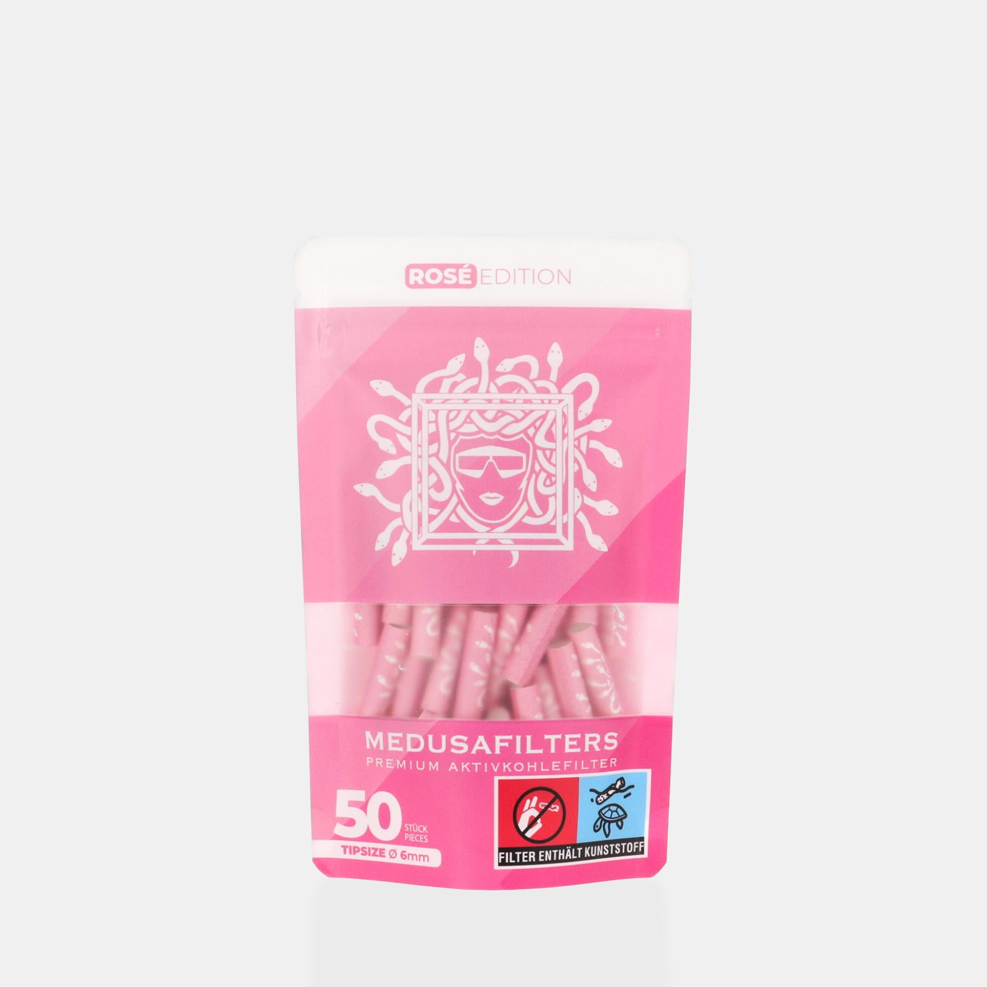 Medusafilters Premium Aktivkohlefilter mit Kokosnuss-Aktivkohle und veganen Fasercaps 50er Packung ROSÉ Edition Tip Size 6 mm Frontansicht 
