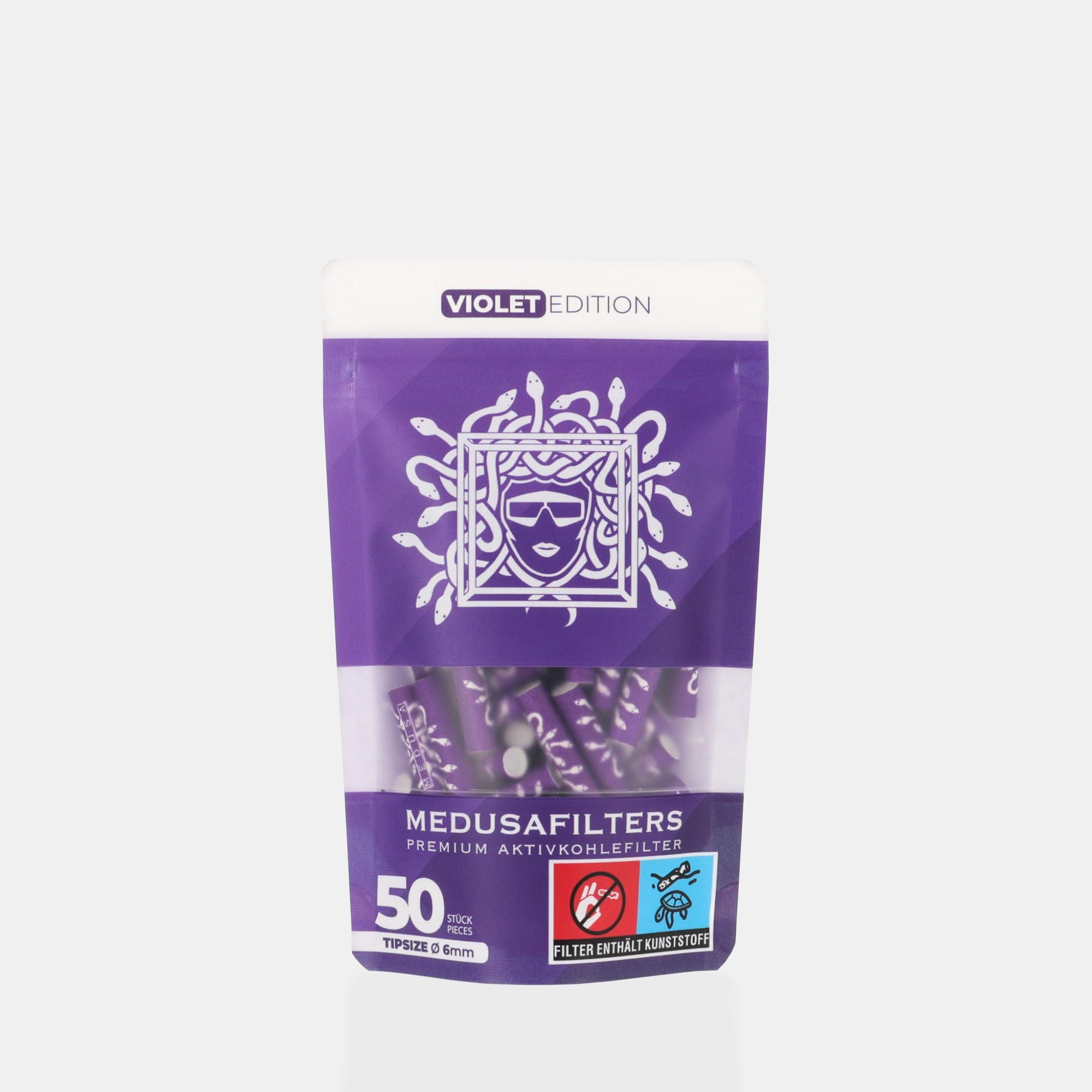 Medusafilters Premium Aktivkohlefilter mit Kokosnuss-Aktivkohle und veganen Fasercaps 50er Packung VIOLET Edition Tip Size 6 mm Frontansicht 
