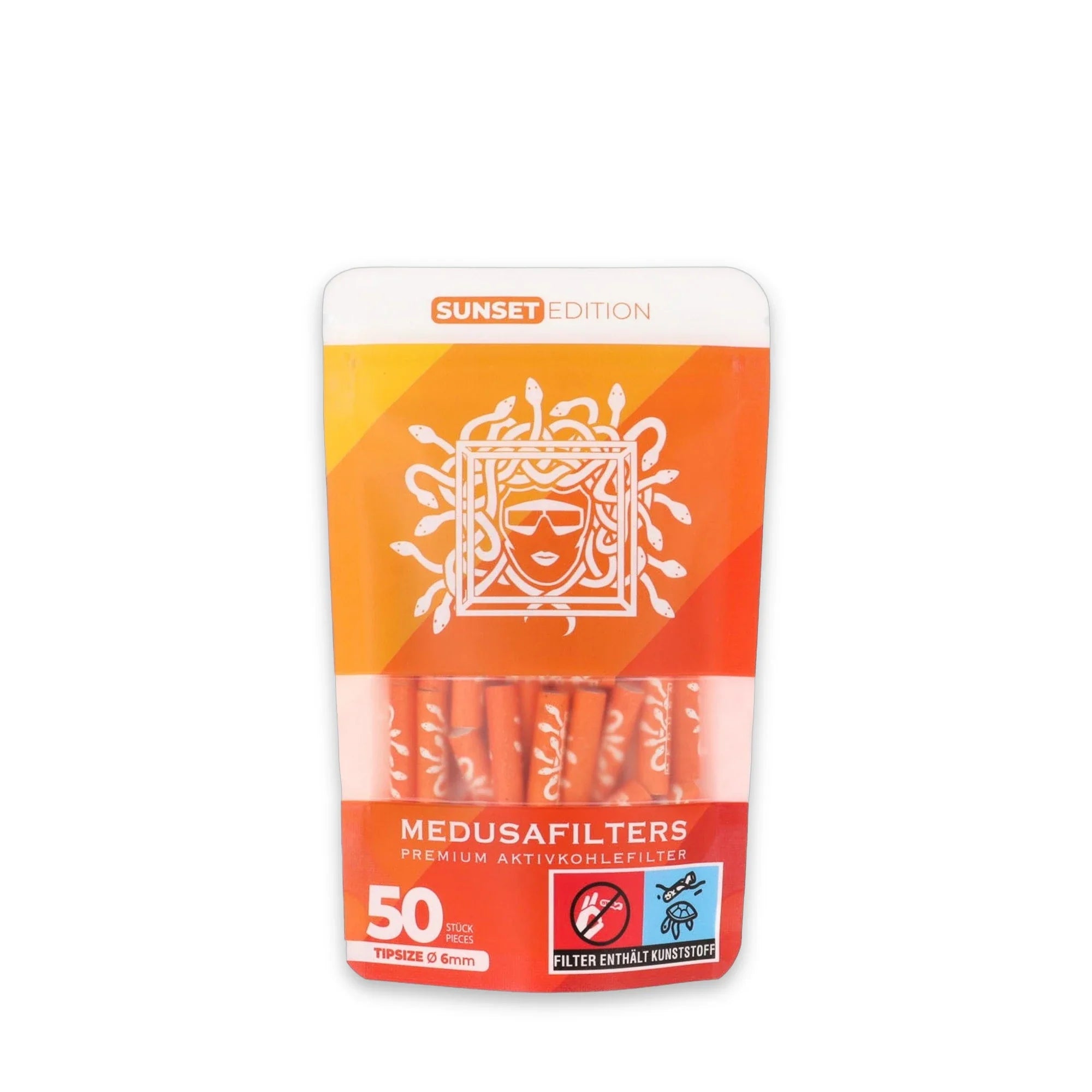 Medusafilters Aktivkohlefilter 50er Packung SUNSET Edition – vegane 6 mm Tips mit Kokosnuss-Aktivkohle, Made in Germany
