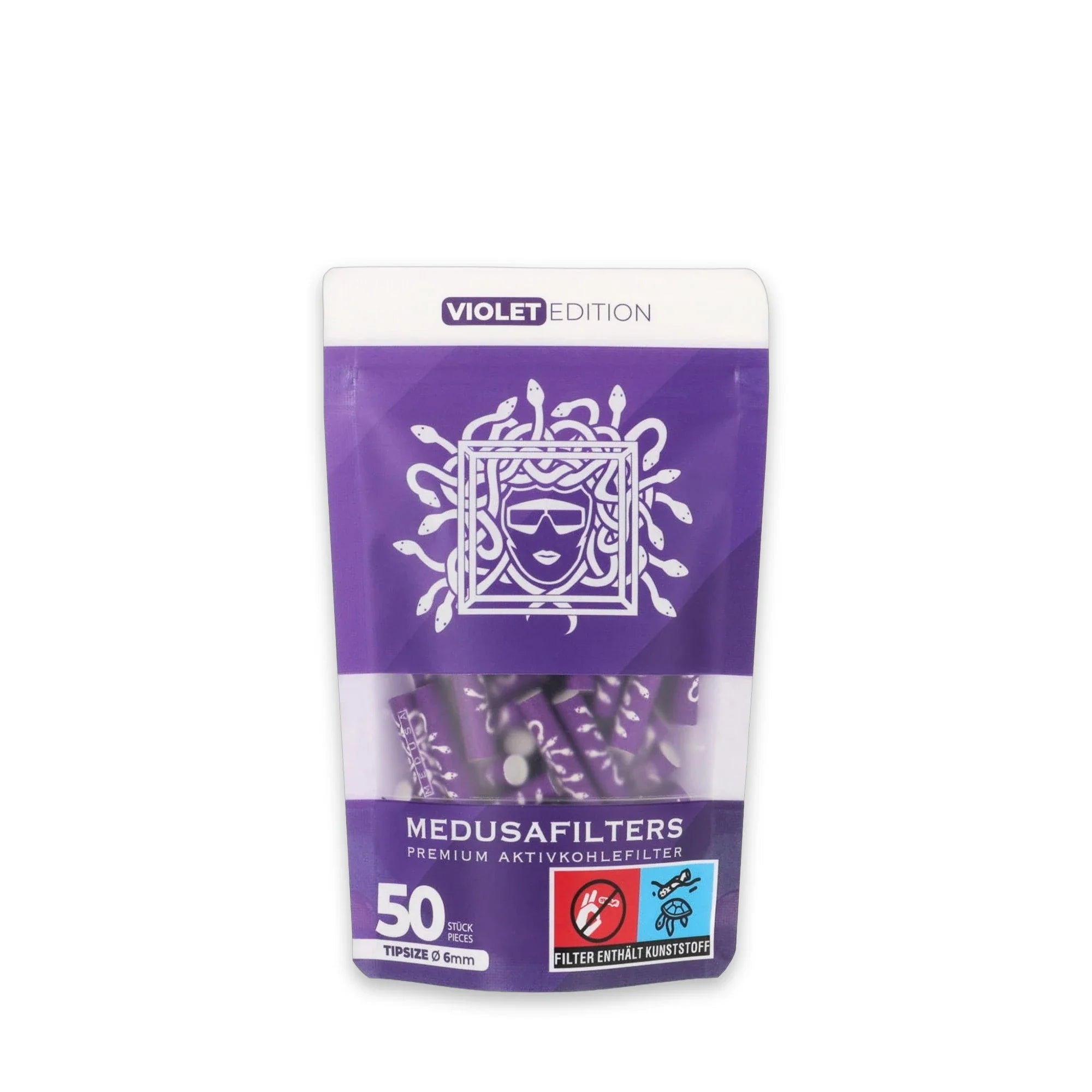 Medusafilters Aktivkohlefilter 50er Packung VIOLET Edition – vegane 6 mm Tips mit Kokosnuss-Aktivkohle, Made in Germany