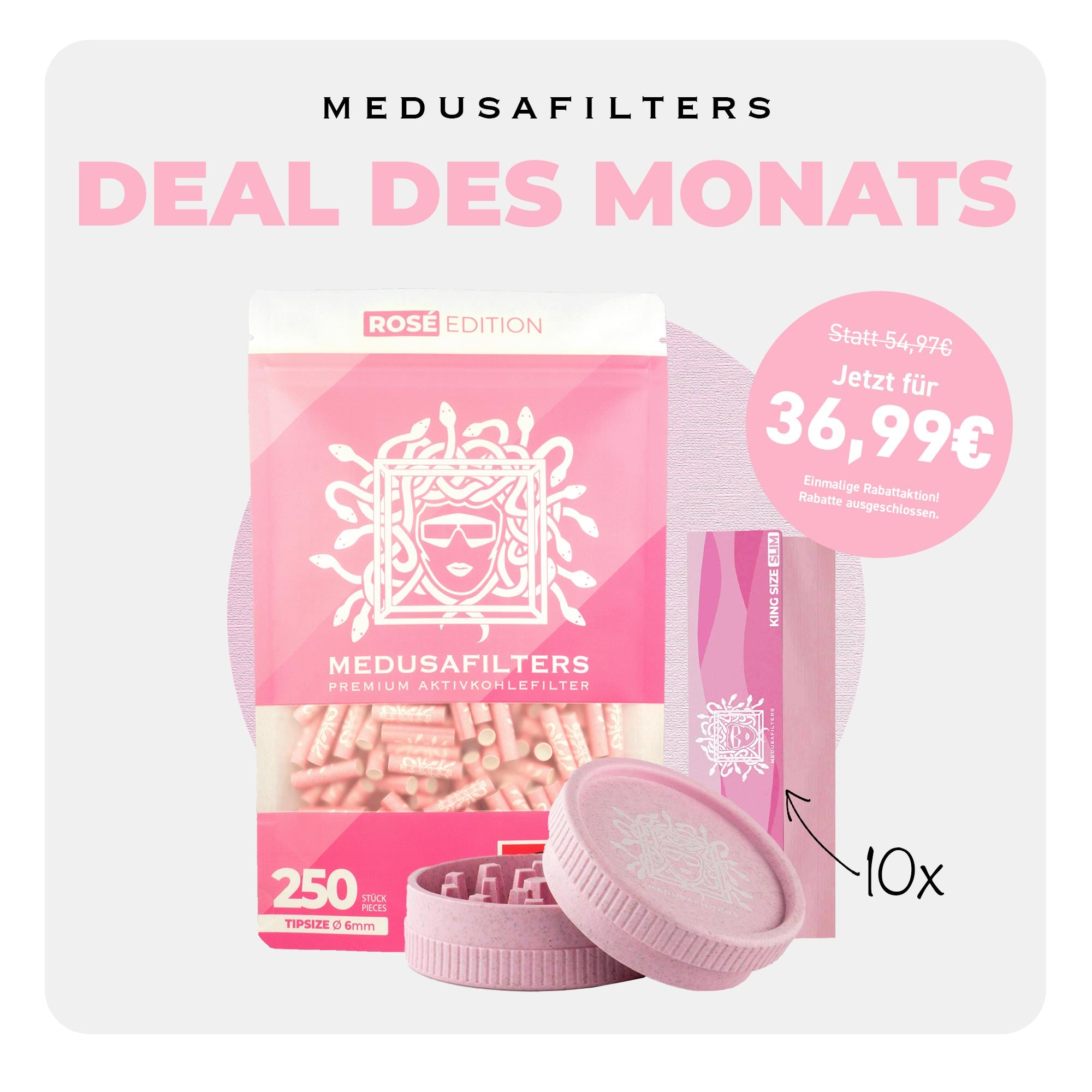 DEAL DES MONATS - 250er Packung ROSÉ + 10x Longpapers ROSÉ + Bio-Hemp Grinder ROSÉ