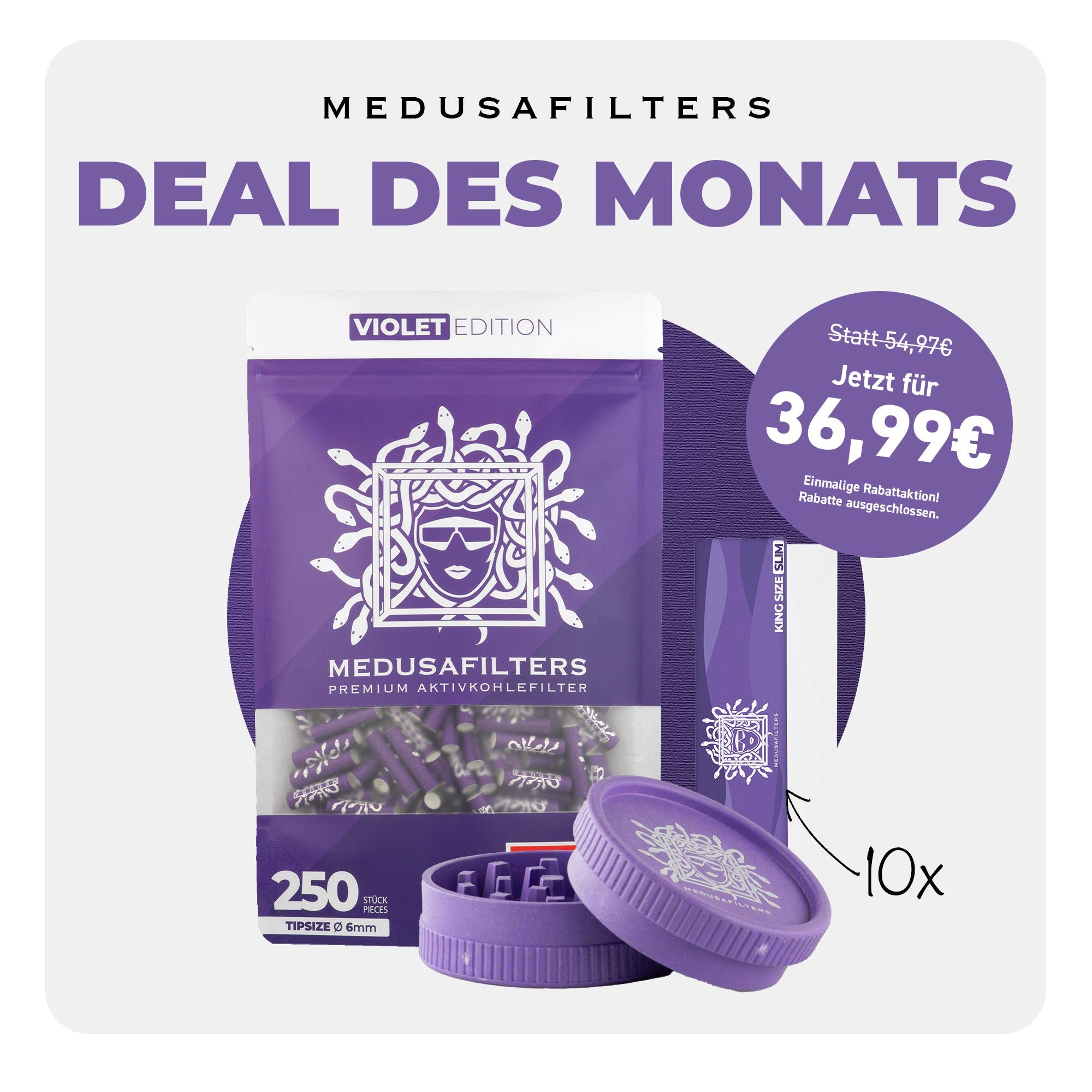 DEAL DES MONATS - 250er Packung VIOLET + 10x Longpapers BLEACHED + Bio-Hemp Grinder VIOLET