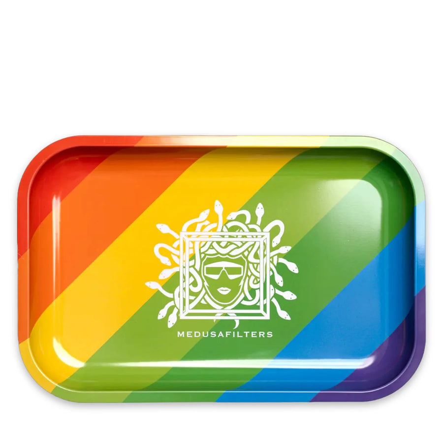 Medusafilters Rolling Tray XL in MIXED mit Regenbogenstreifen und Medusa-Logo, 288 × 188 mm