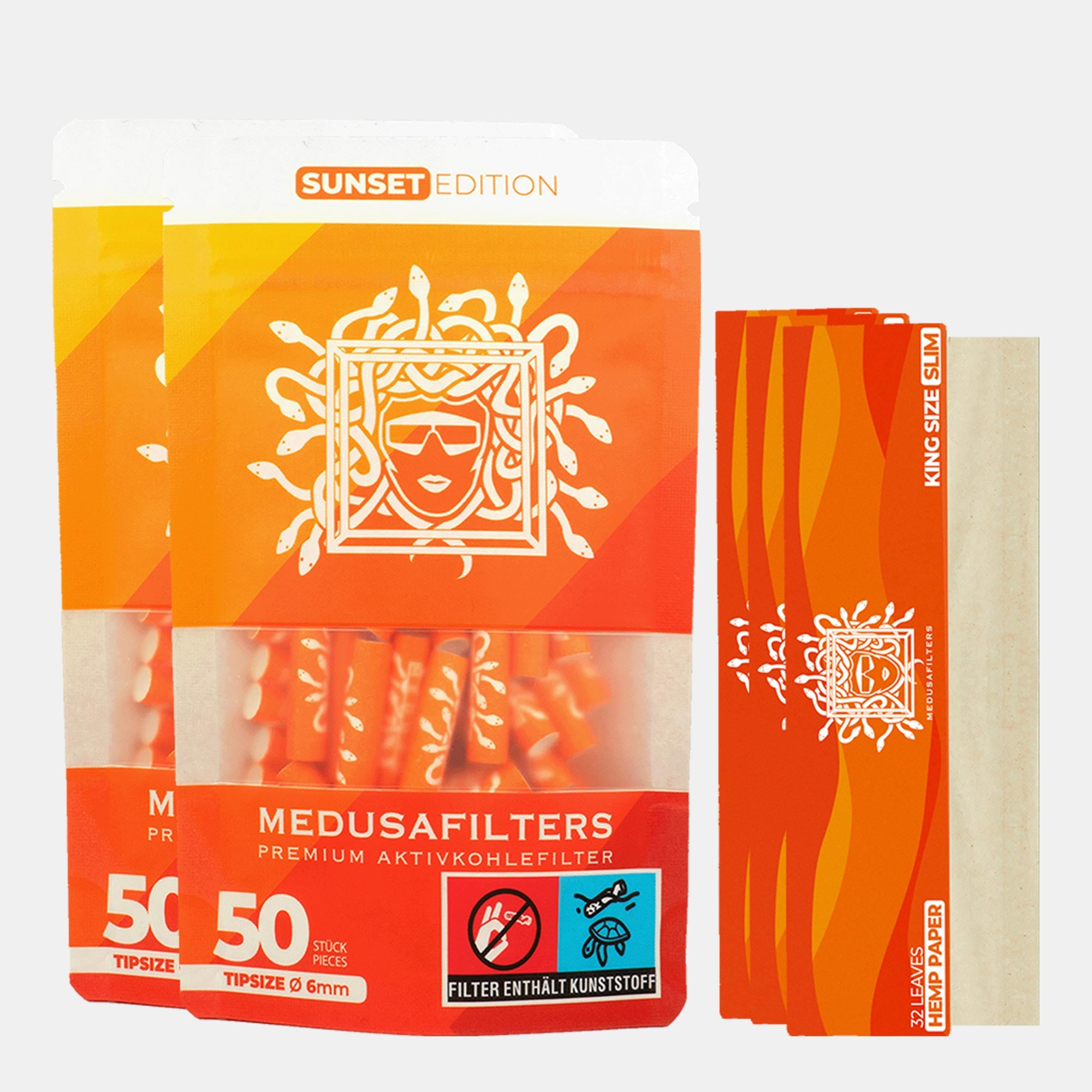 2x Medusafilters 50er Packung SUNSET Edition mit 3x Longpapers King Size Slim HEMP