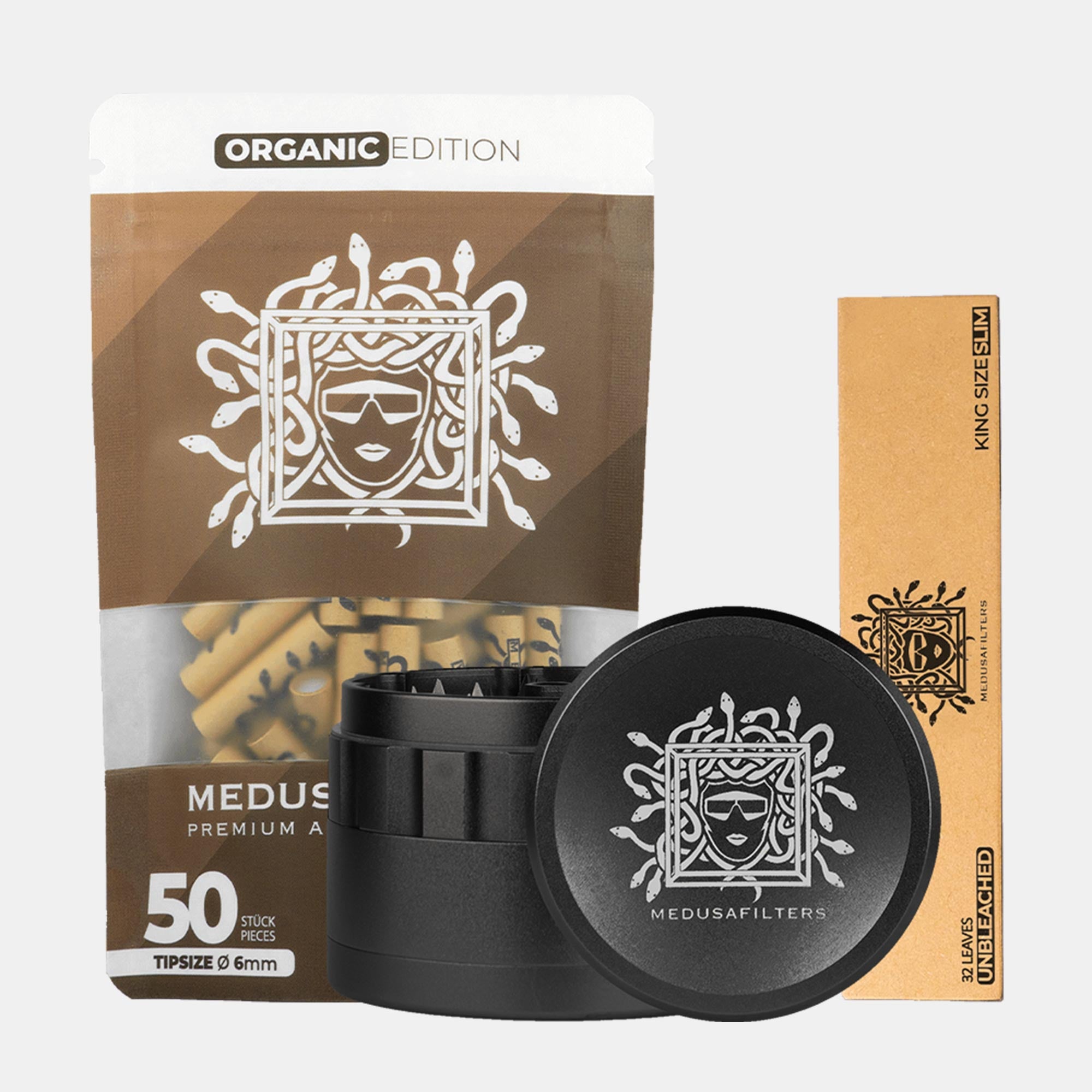 1x Medusafilters 50er Packung ORGANIC Edition + 1x Longpapers King Size Slim UNBLEACHED + Spike Grinder BLACK