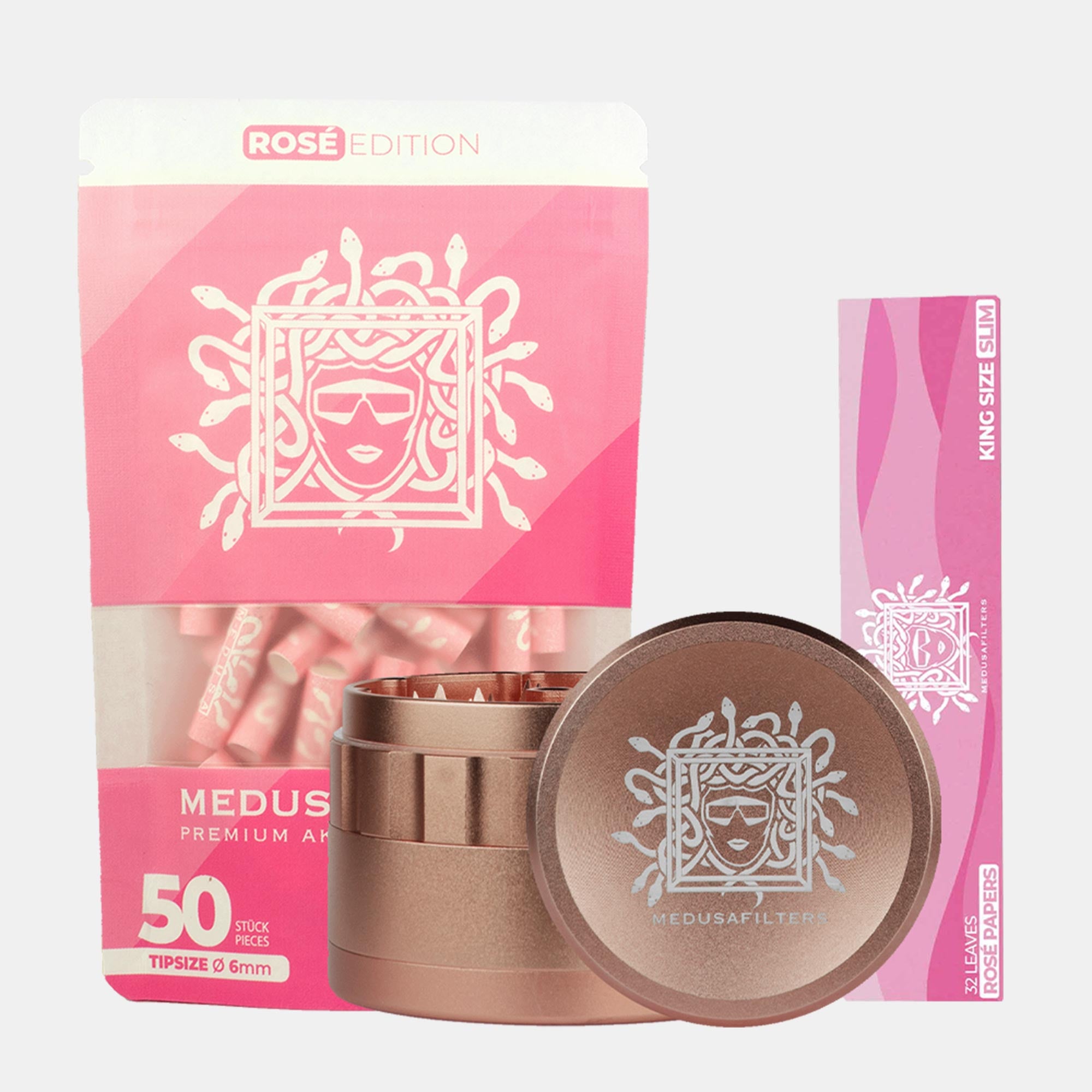 1x Medusafilters 50er Packung ROSÉ Edition + 1x Longpapers ROSÉ King Size Slim + Spike Grinder ROSÉ