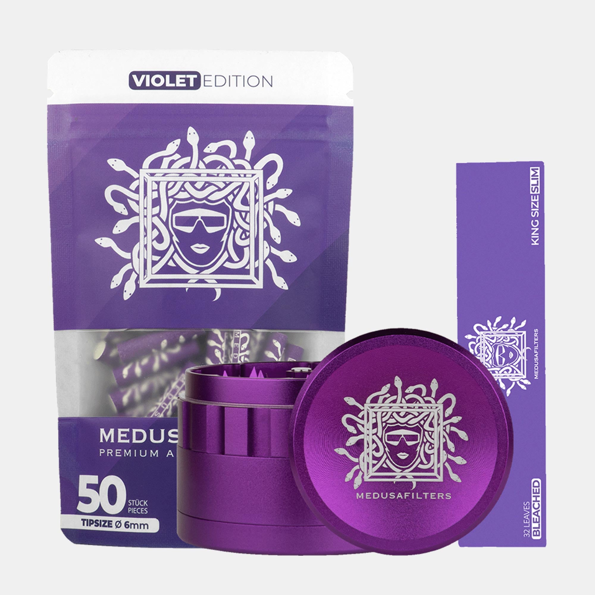 1x Medusafilters 50er Packungen VIOLET Edition + 1x Longpapers King Size Slim BLEACHED + 1x Spike Grinder VIOLET