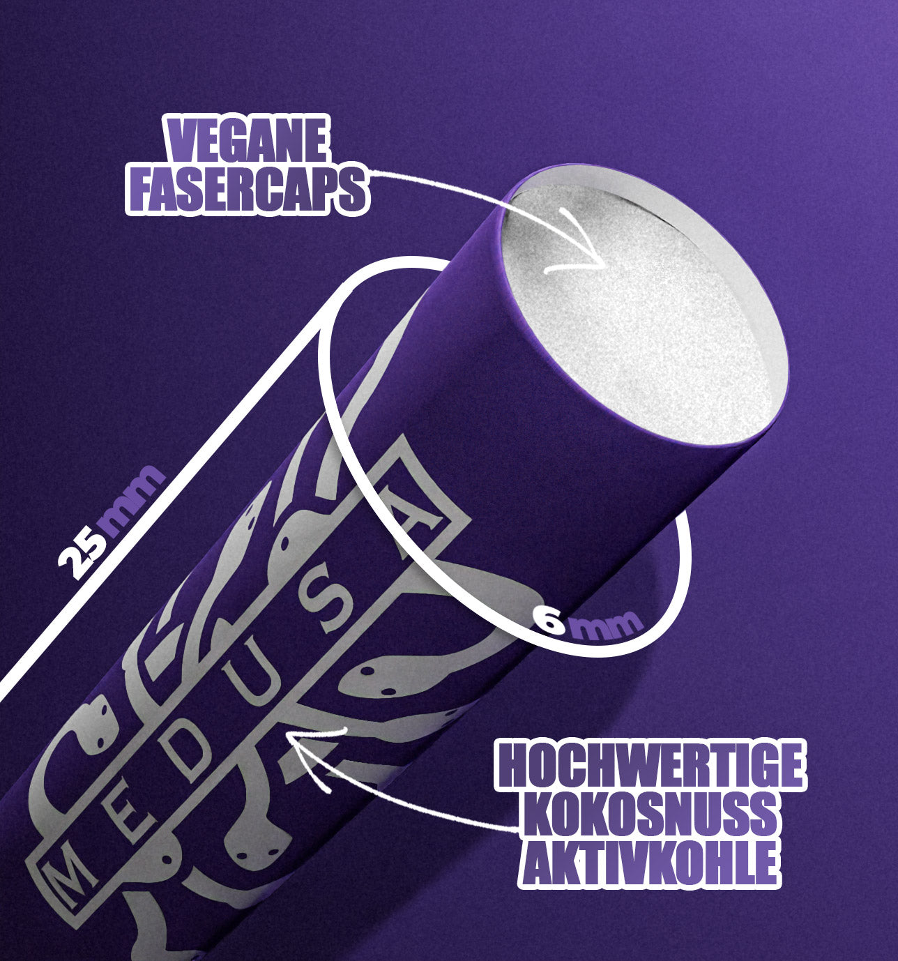 Medusafilters Premium Aktivkohlefilter mit Kokosnuss-Aktivkohle und veganen Fasercaps VIOLET Edition Tip Size 6 mm 
