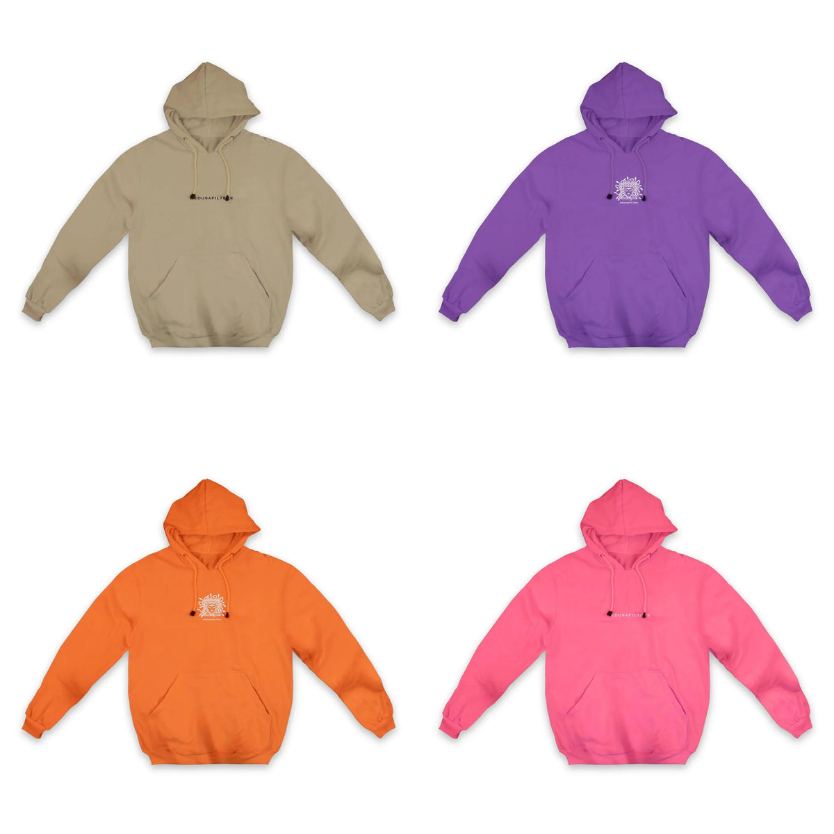 Medusafilters Hoodie in Beige, Violet, Sunset und Rosé, Vorderseiten nebeneinander