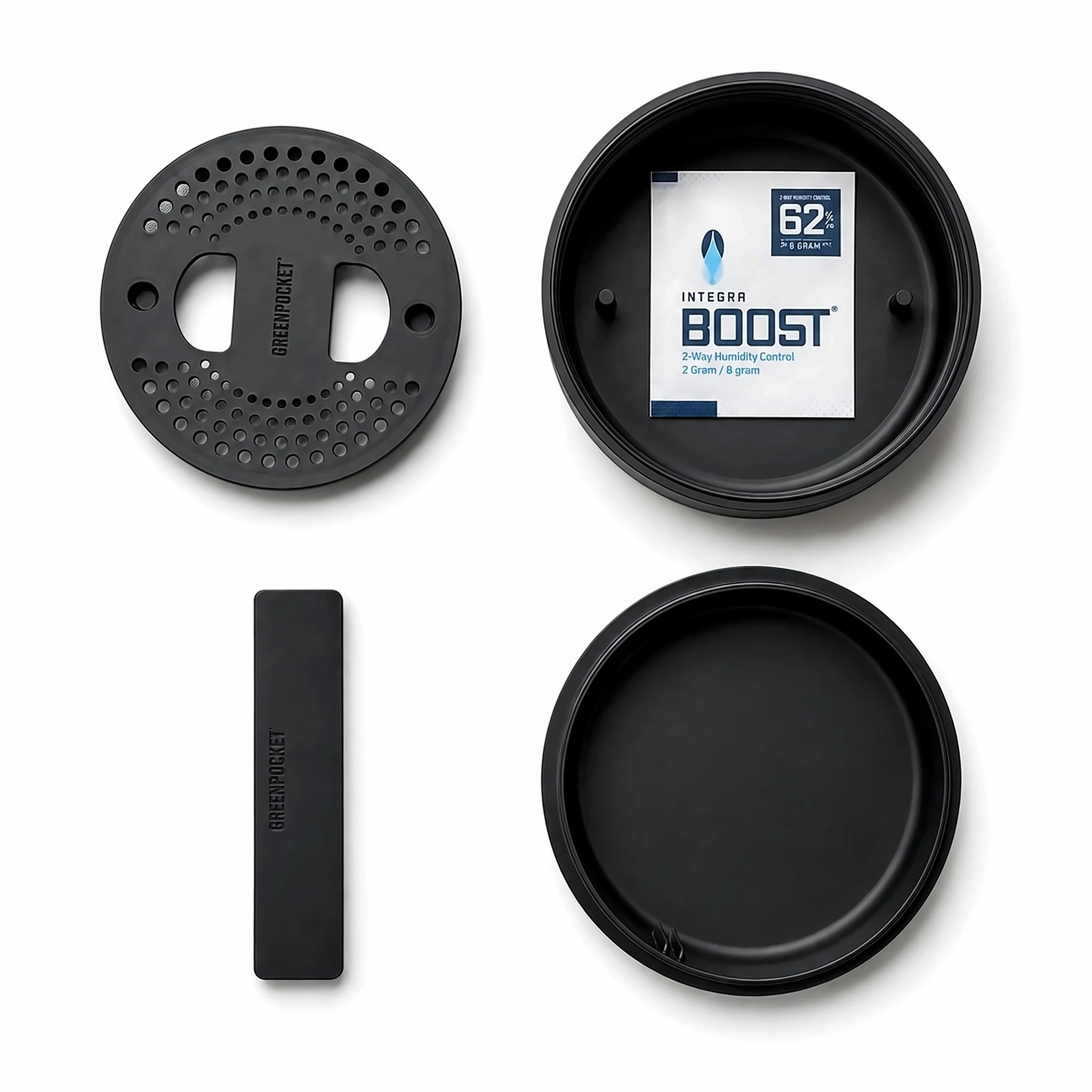 Green Pocket Black – alle Teile: Base, Deckel mit Integra-Boost-Pack, Sieb-Einsatz, Trennwand