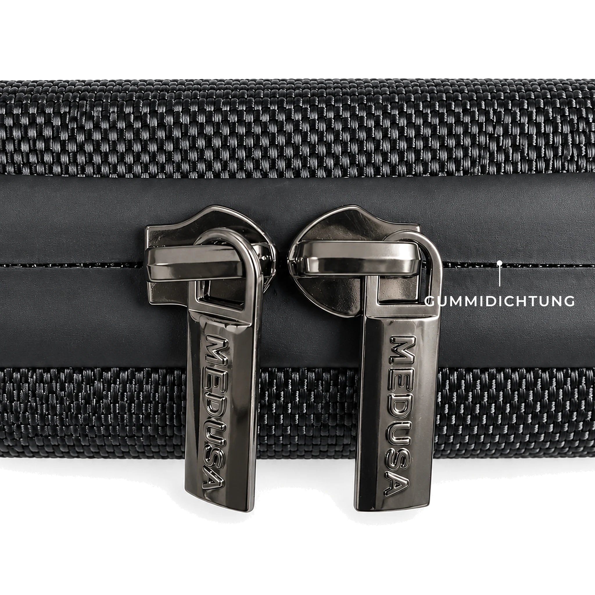 Travel Hardcase Detail: Metall-Zipper mit MEDUSA-Praegung und umlaufende Gummidichtung