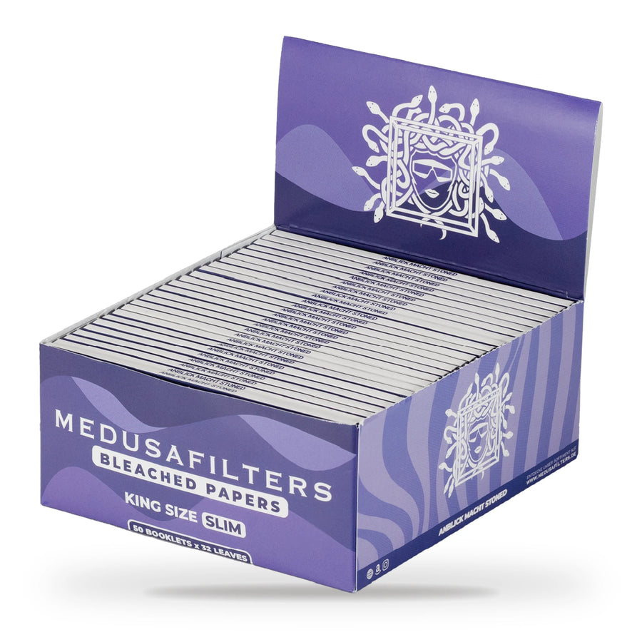 Medusafilters Longpapers King Size Slim VIOLET, 50er-Display mit 50 Heften, gebleichtes Papier, 32 Blatt pro Heft