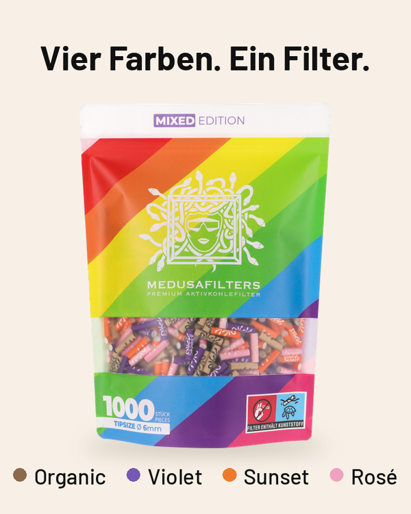Vier Farben. Ein Filter. 1000er-Beutel MIXED Edition, darunter die Farben Organic, Violet, Sunset und Rosé