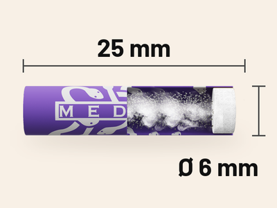 Aufgeschnittener VIOLET Aktivkohlefilter mit Kokosnuss-Aktivkohle und Faserkappe, 25 mm lang, Ø 6 mm