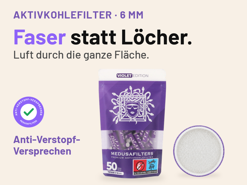 Medusafilters Aktivkohlefilter 6 mm: 50er-Beutel VIOLET Edition neben einer Faserkappe in Draufsicht. Text: Faser statt Löcher. Luft durch die ganze Fläche. Siegel mit Häkchen: Anti-Verstopf-Versprechen