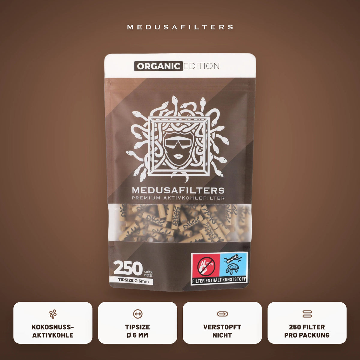 Medusafilters Aktivkohlefilter 6 mm ORGANIC Edition, 250er-Packung, Kokosnuss-Aktivkohle, Tipsize 6 mm