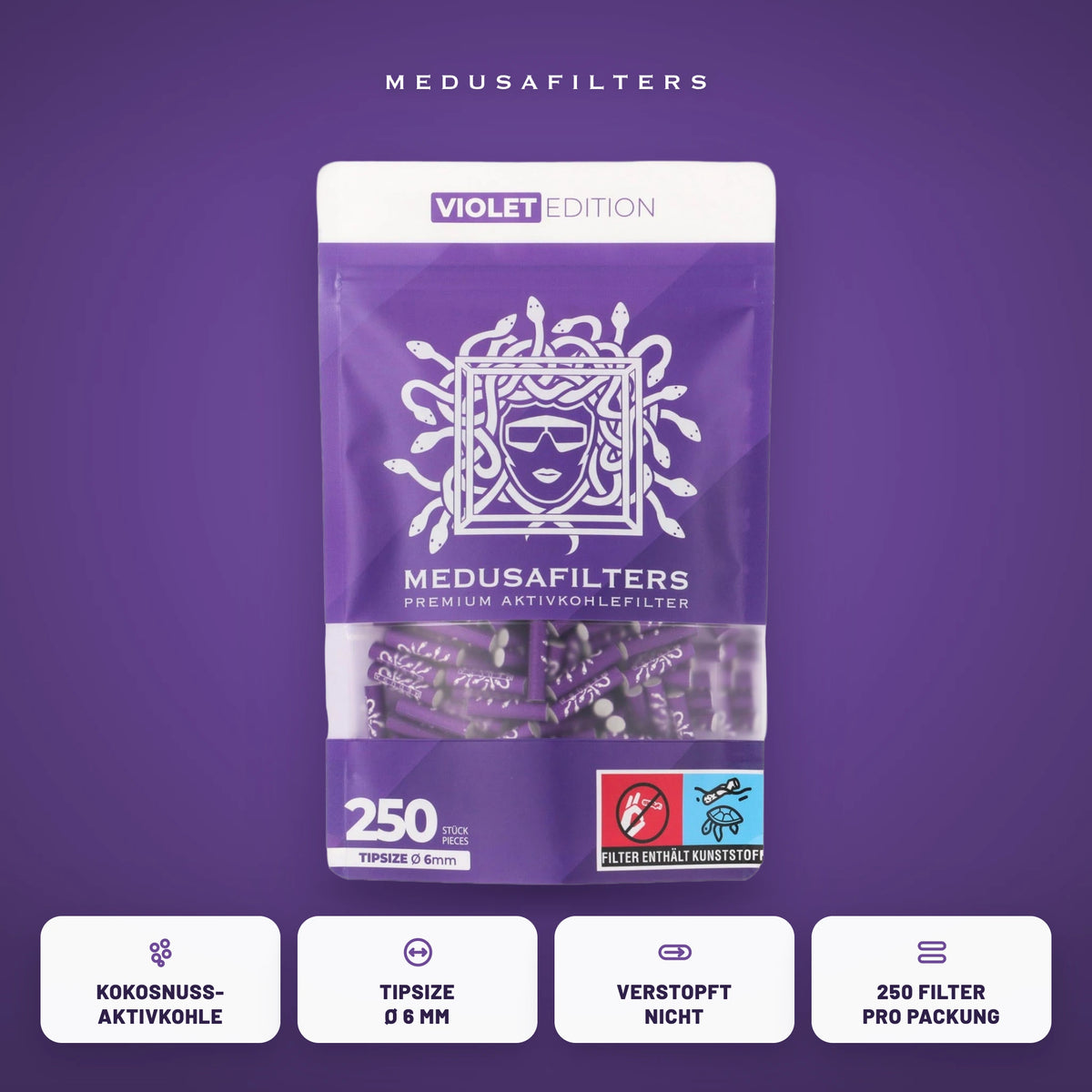 Medusafilters Aktivkohlefilter 6 mm VIOLET Edition, 250er-Packung, Kokosnuss-Aktivkohle, Tipsize 6 mm